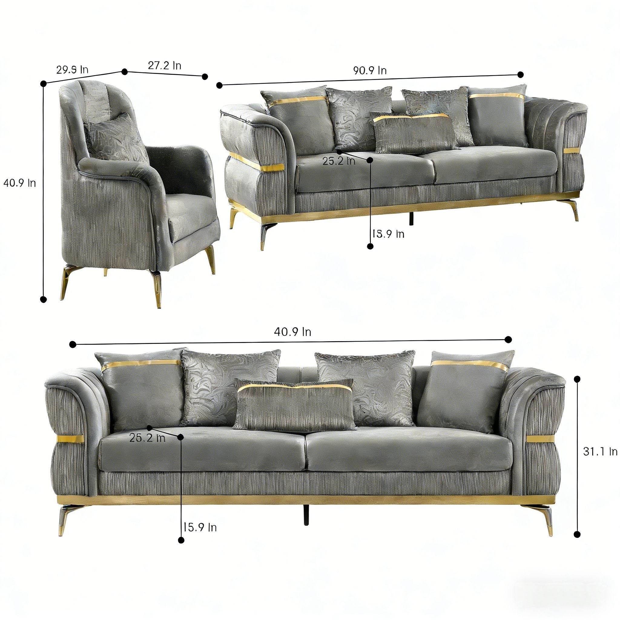 Velvet Chestfield Sofa Set In Gray