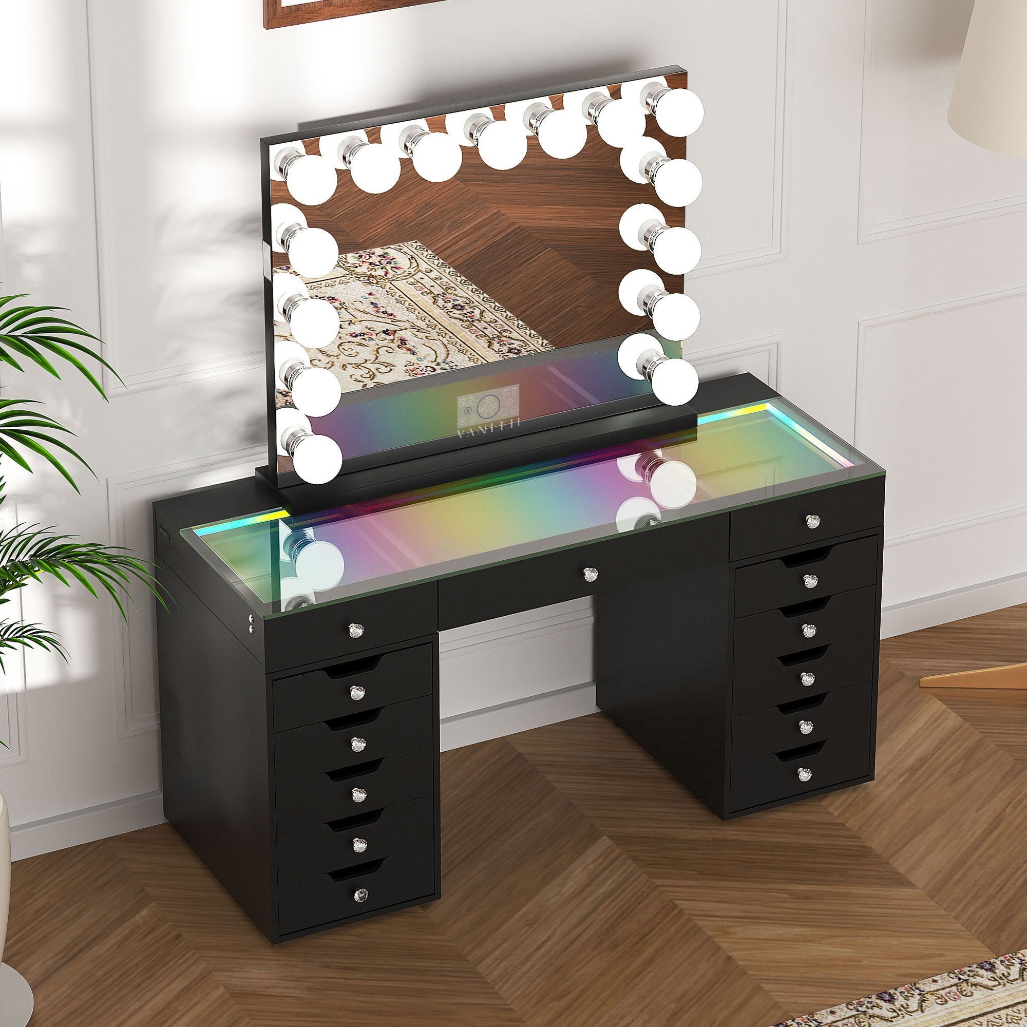 VANITII Eva-RGB Vanity Desk Set with 13 Storage Drawers and 15 Bulbs Light Mirror