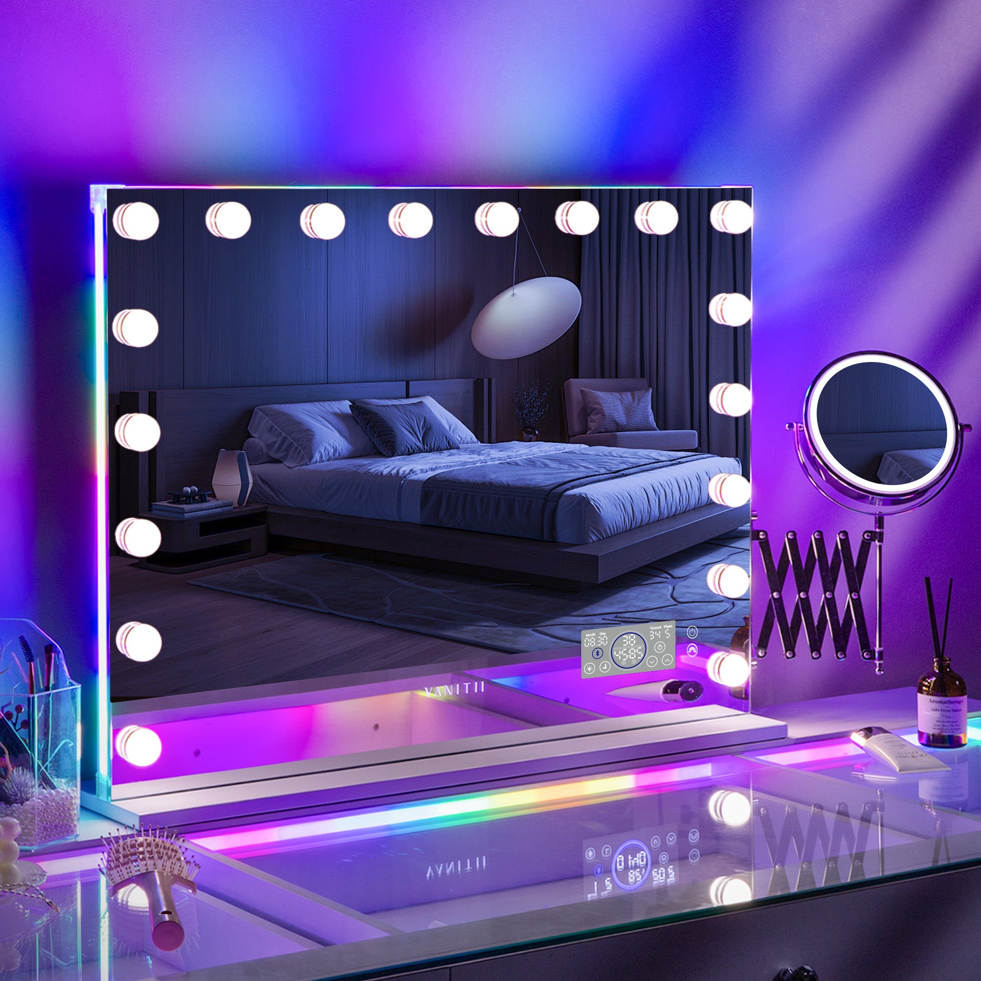 Makeup mirror with RGB lighting in a bedroom setting