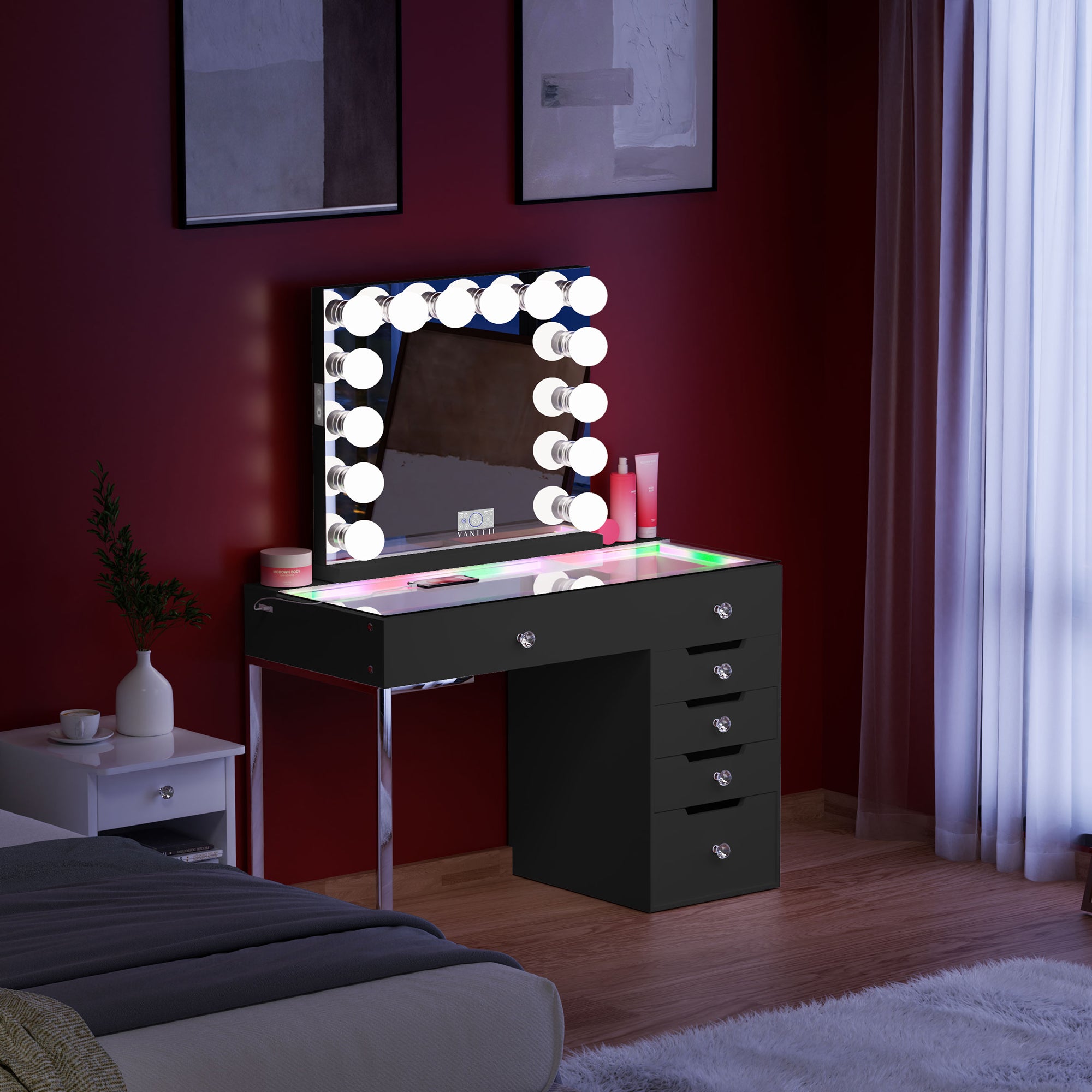 VANITII Diana RGB Vanity Desk with 6 Storage Drawers and Marilyn Hollywood Vanity Mirror (Only sell in Houston)