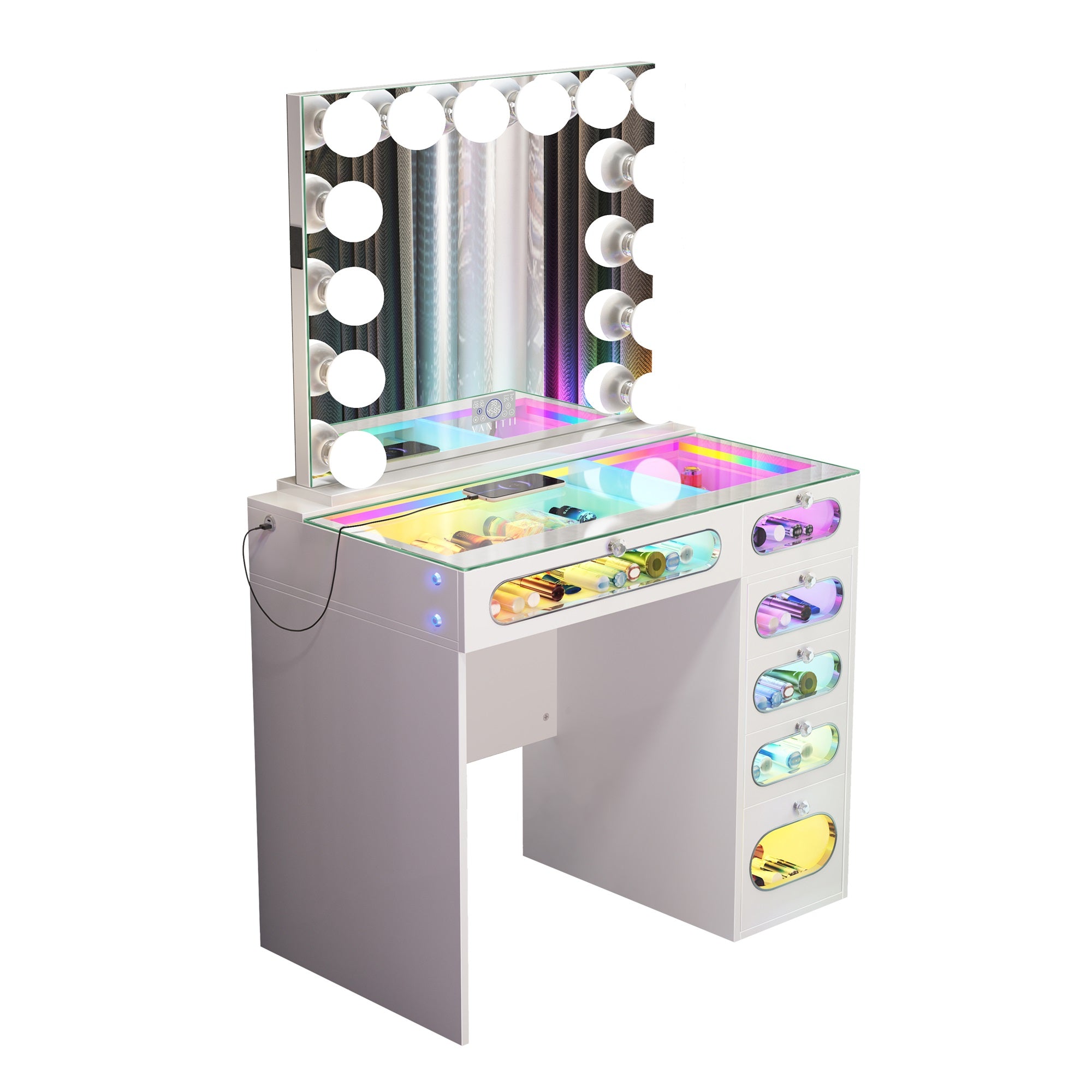 New Release ! VANITII 6 Glass Fronted Drawers Vanity Desk with Marilyn Vanity Mirror