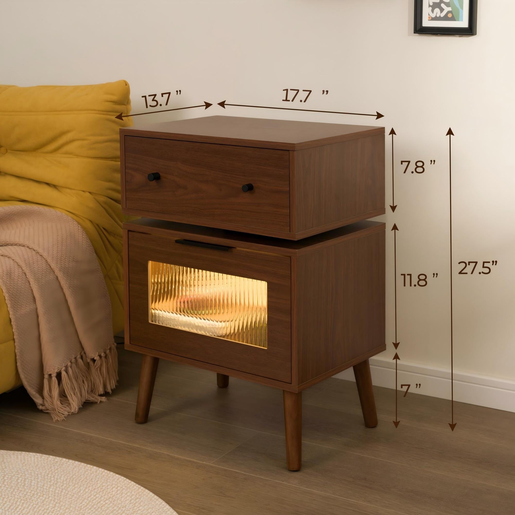 LED Nightstand Modern Nightstands with 360° Rotating Drawer LED Bedside Table with Glass Door Storage Mid Century Bedside Tables