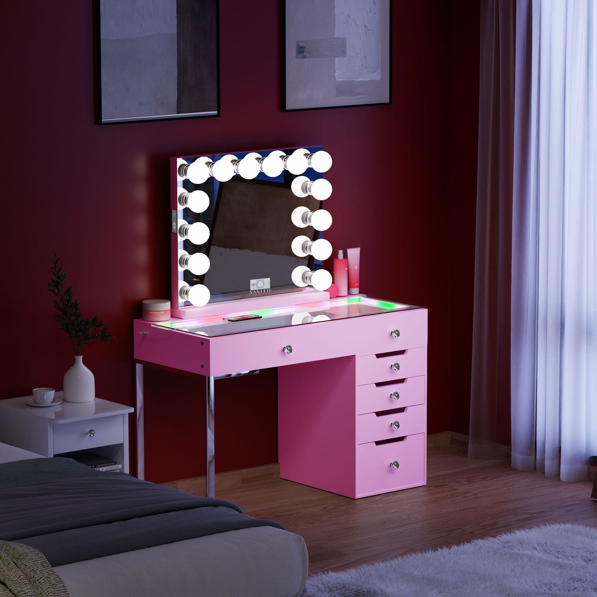VANITII Diana RGB Vanity Desk with 6 Storage Drawers and Marilyn Hollywood Vanity Mirror