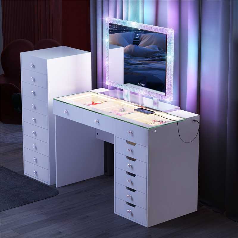 May Promotion ! Diana 8 Vanity Desk with Crystal Diamond Mirror and 9 Drawer Storage Unit(Only Sell In Dallas)