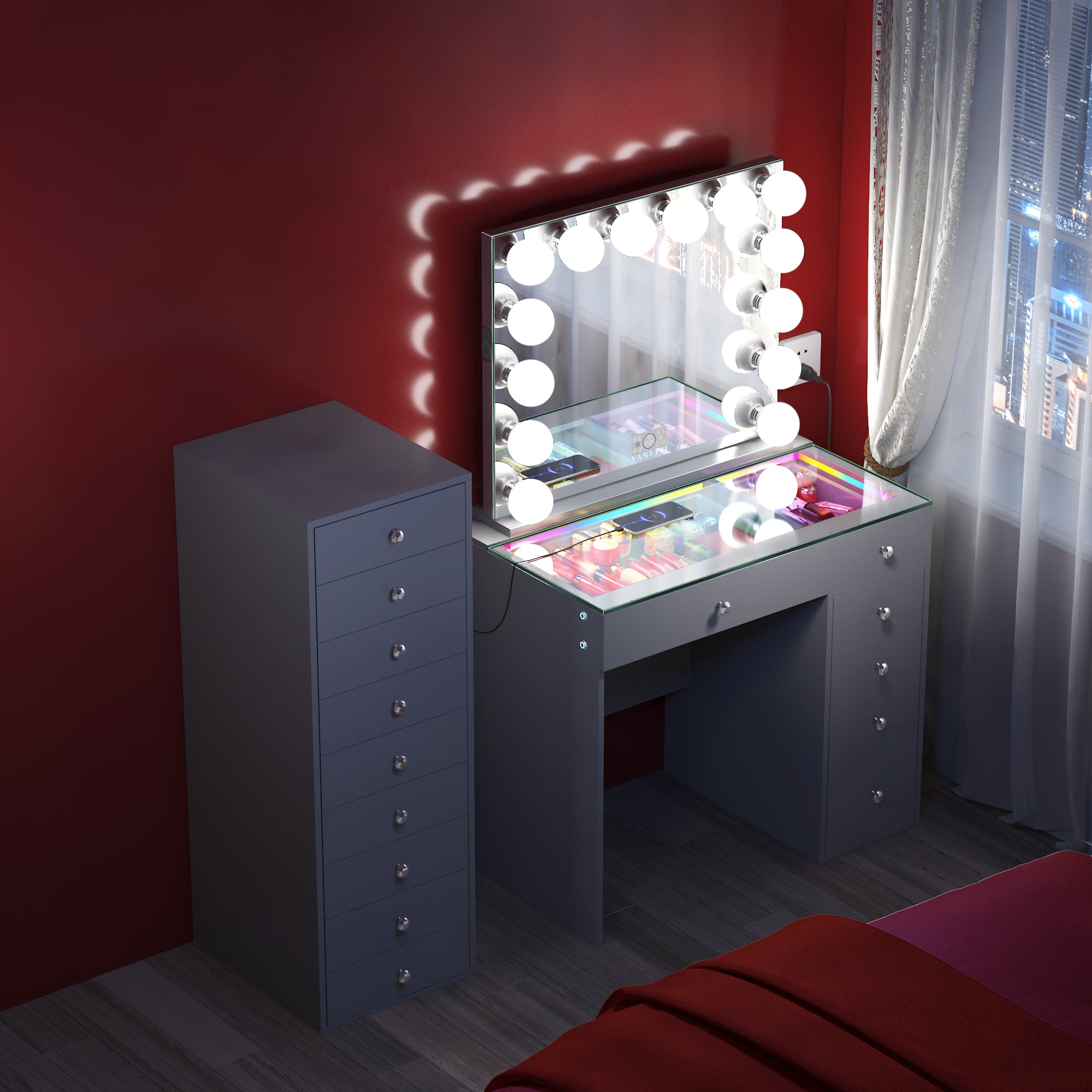 Promotion ! VANITII Mini Diana Vanity Desk with Marilyn Hollywood Vanity Mirror and 9 Drawer Unit (Only sell in California)