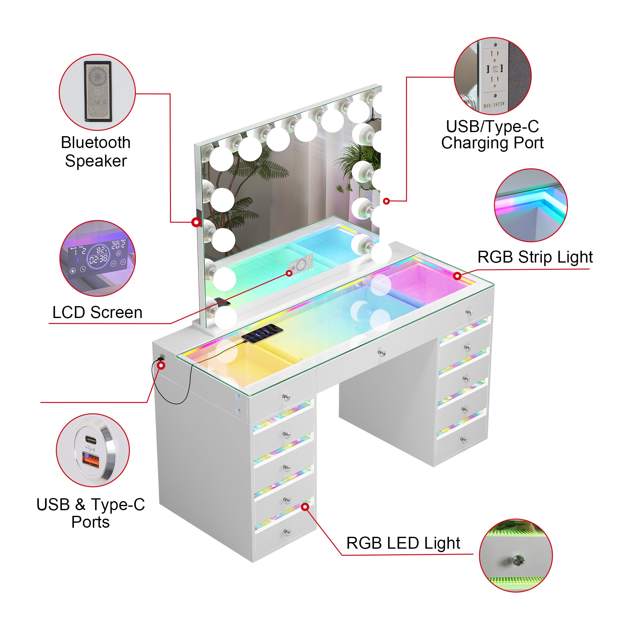 VANITII Fenair Vanity Desk with RGB light including Vanity Mirror