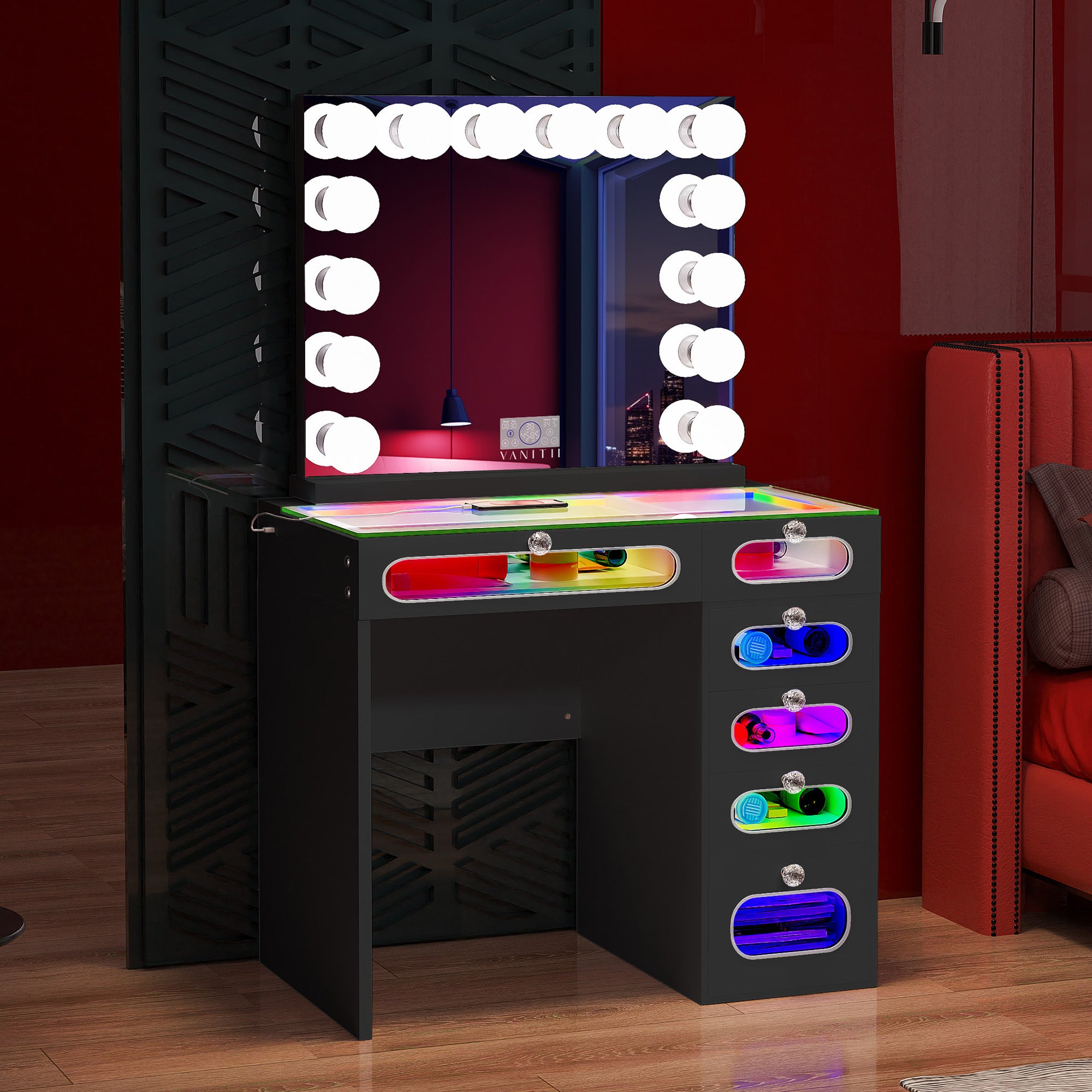 New Release ! VANITII 6 Glass Fronted Drawers Vanity Desk with Marilyn Vanity Mirror