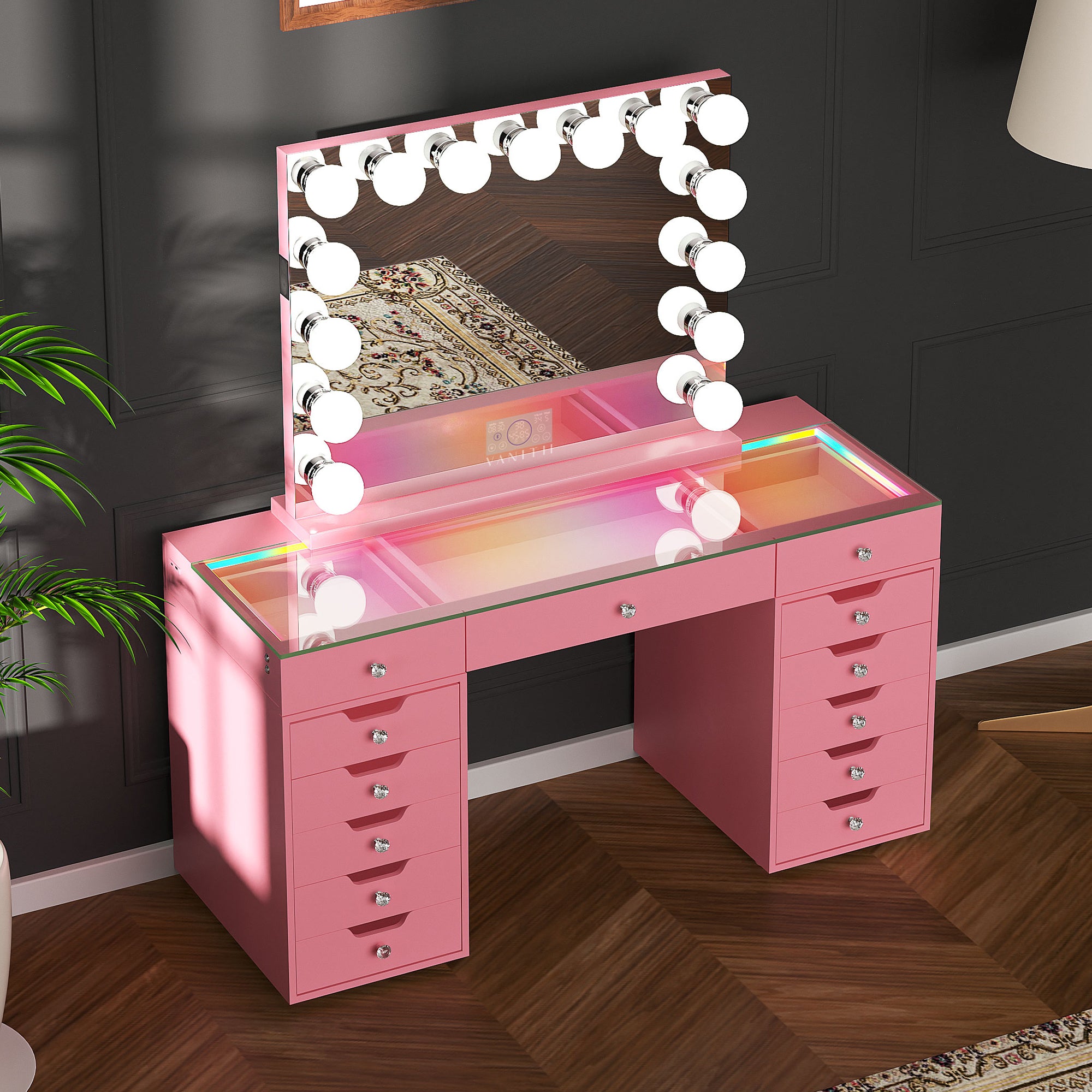 VANITII Eva-RGB Vanity Desk Set with 13 Storage Drawers and 15 Bulbs Light Mirror