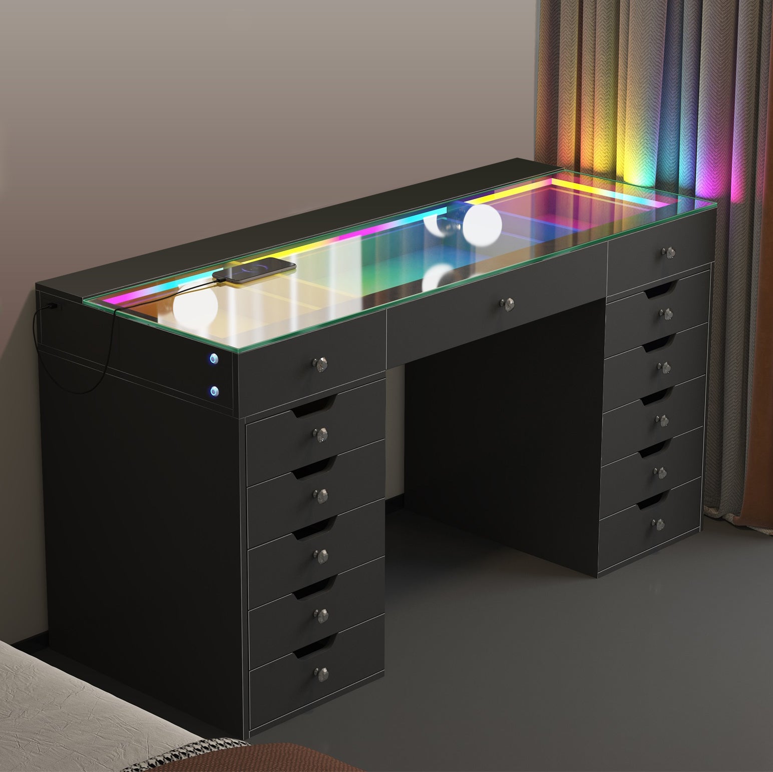 Promotion Deal! VANITII Eva-RGB Vanity Desk Set with 13 Storage Drawers(VNT-EVA(IVY-TOP)-RGB-WHT)