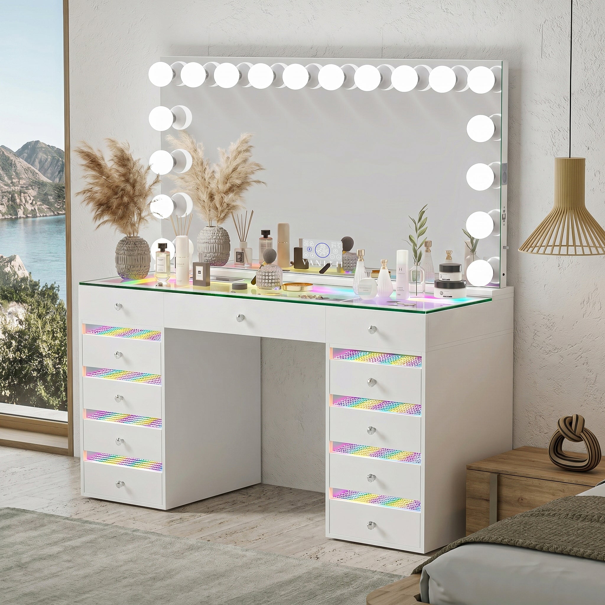 VANITII Fenair Vanity Set With 11 Drawers and 18 Bulbs Vanity Mirror