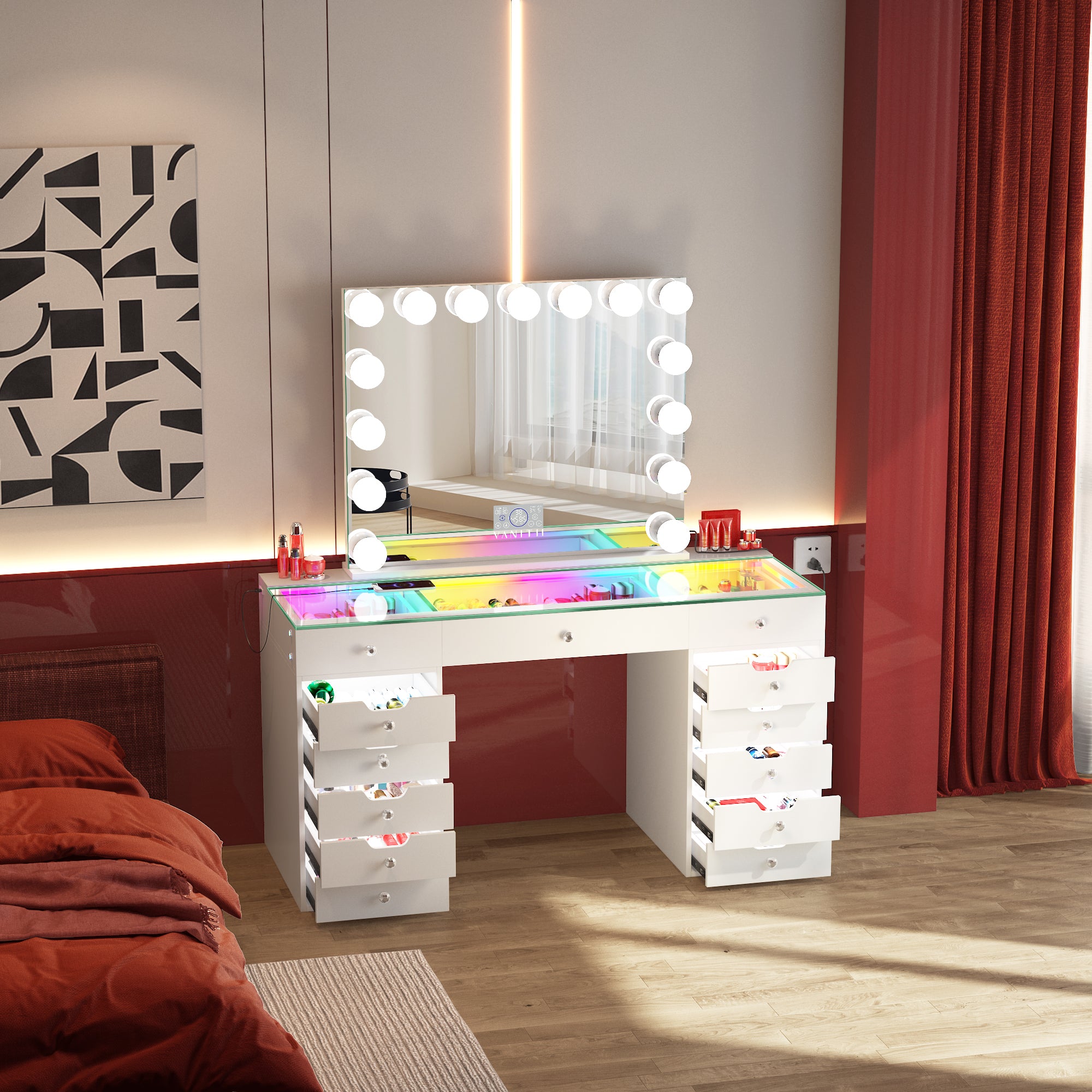 VANITII Eva Vanity Desk - 13 Storage Drawers with Full Light &RGB