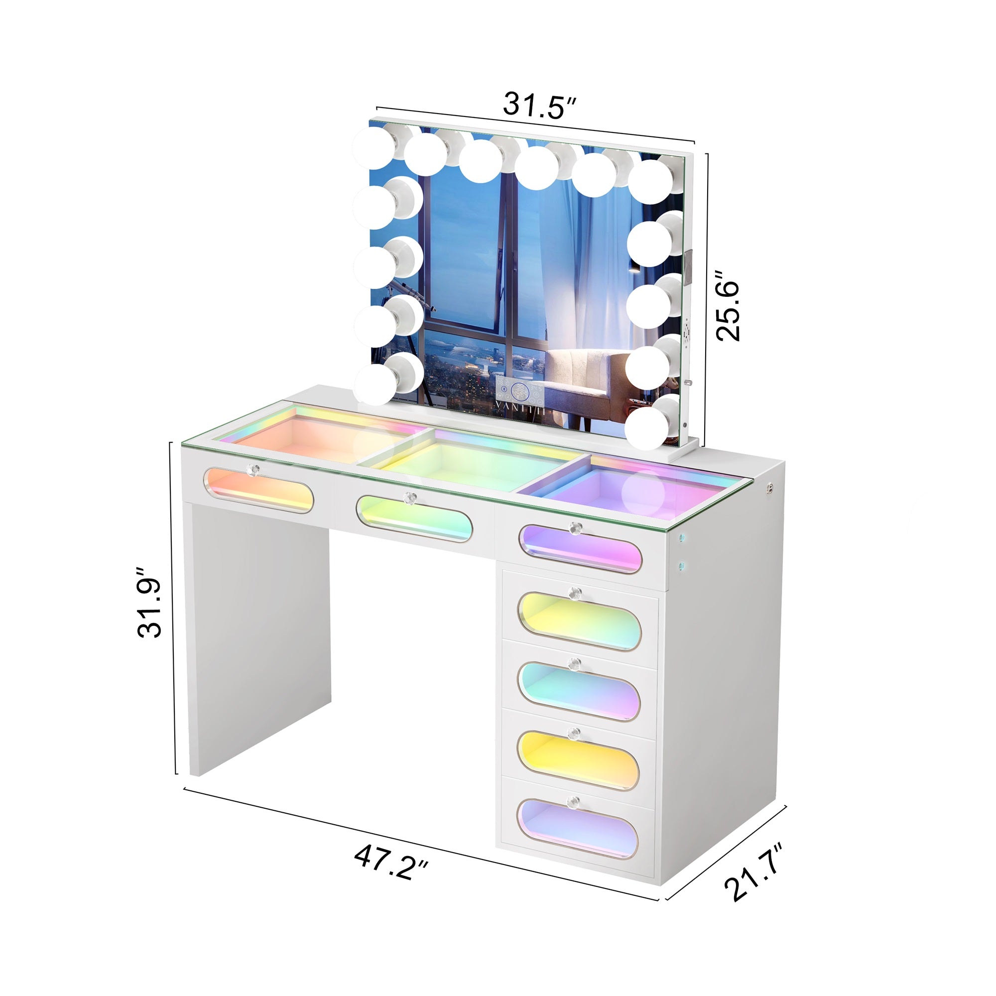 New Release ! VANITII 7 Glass Fronted Drawers with Hollywood Vanity Mirror