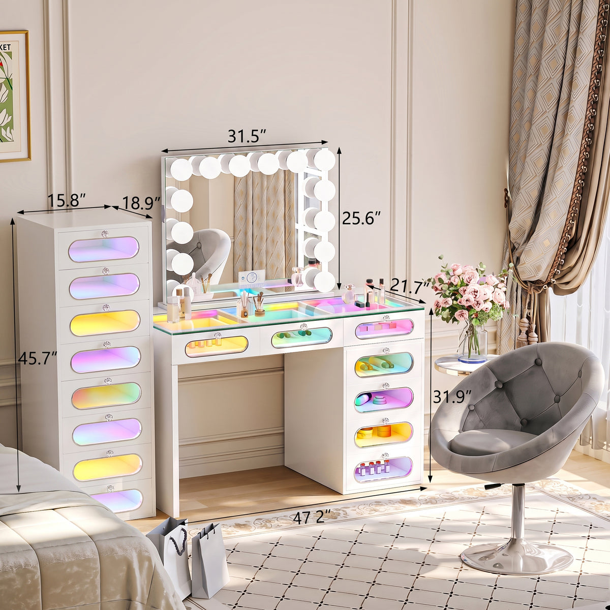VANITII 7 Glass Fronted Drawers with Hollywood Vanity Mirror