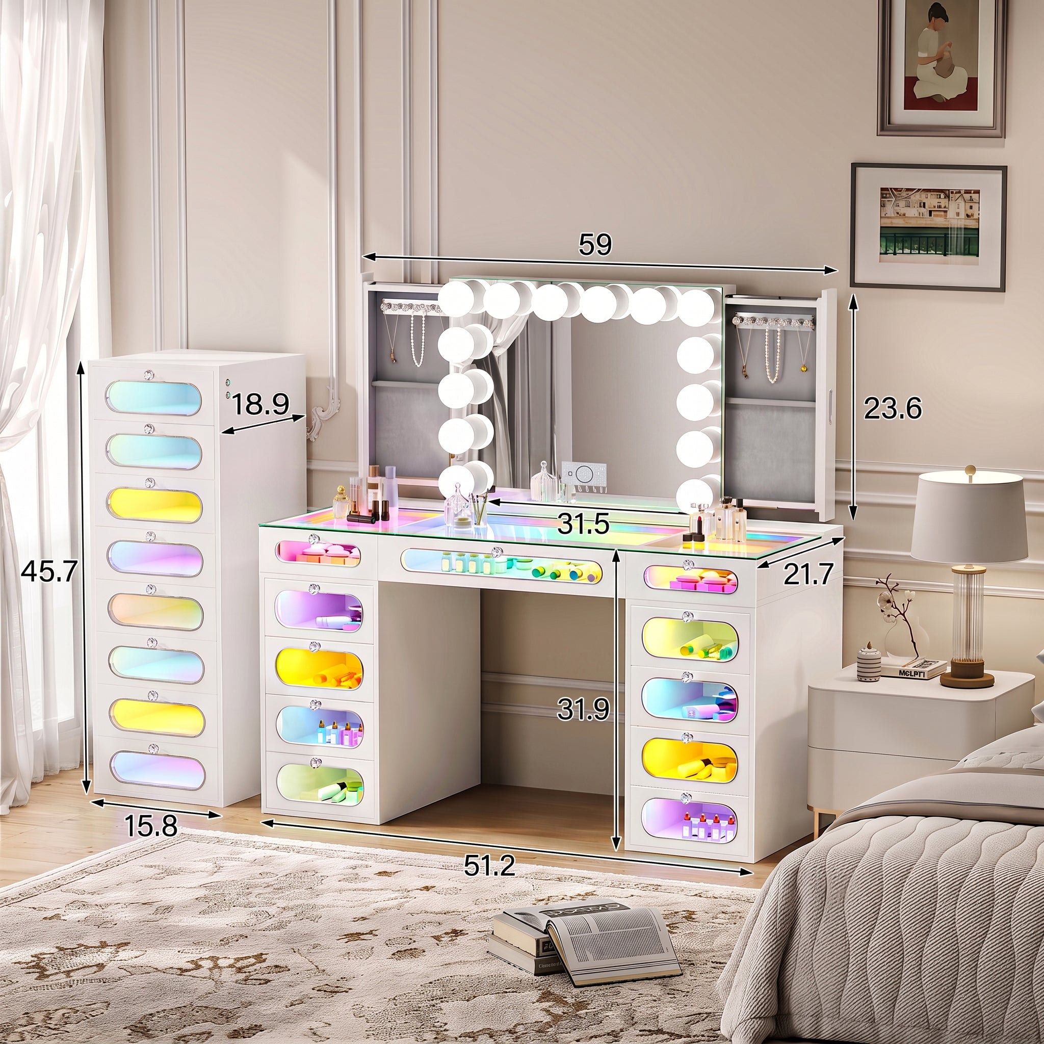 VANITII Priscilla Vanity Set with Hollywood Vanity Mirror Pro with Jewelry Cabinet
