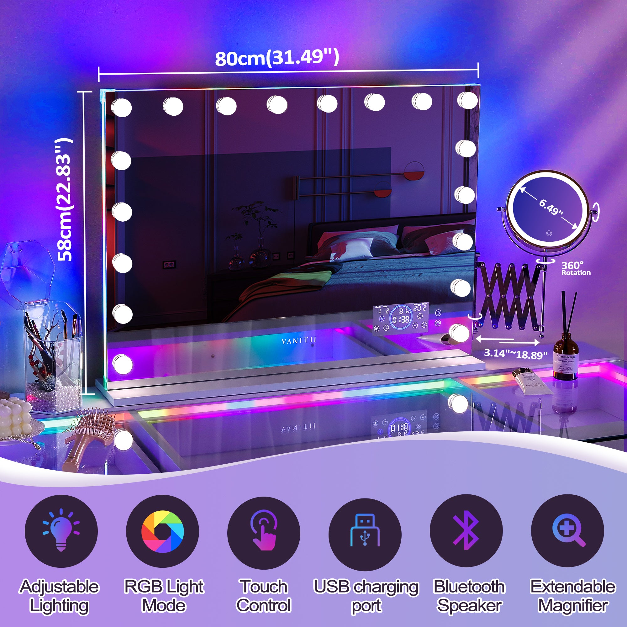 Makeup mirror with RGB lighting, lightsaber effect, and various features on a reflective surface.