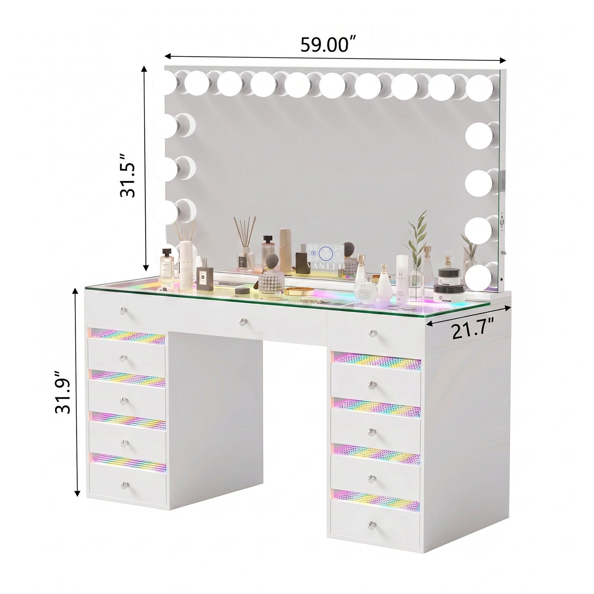 VANITII Fenair Vanity Set With 11 Drawers and 18 Bulbs Vanity Mirror