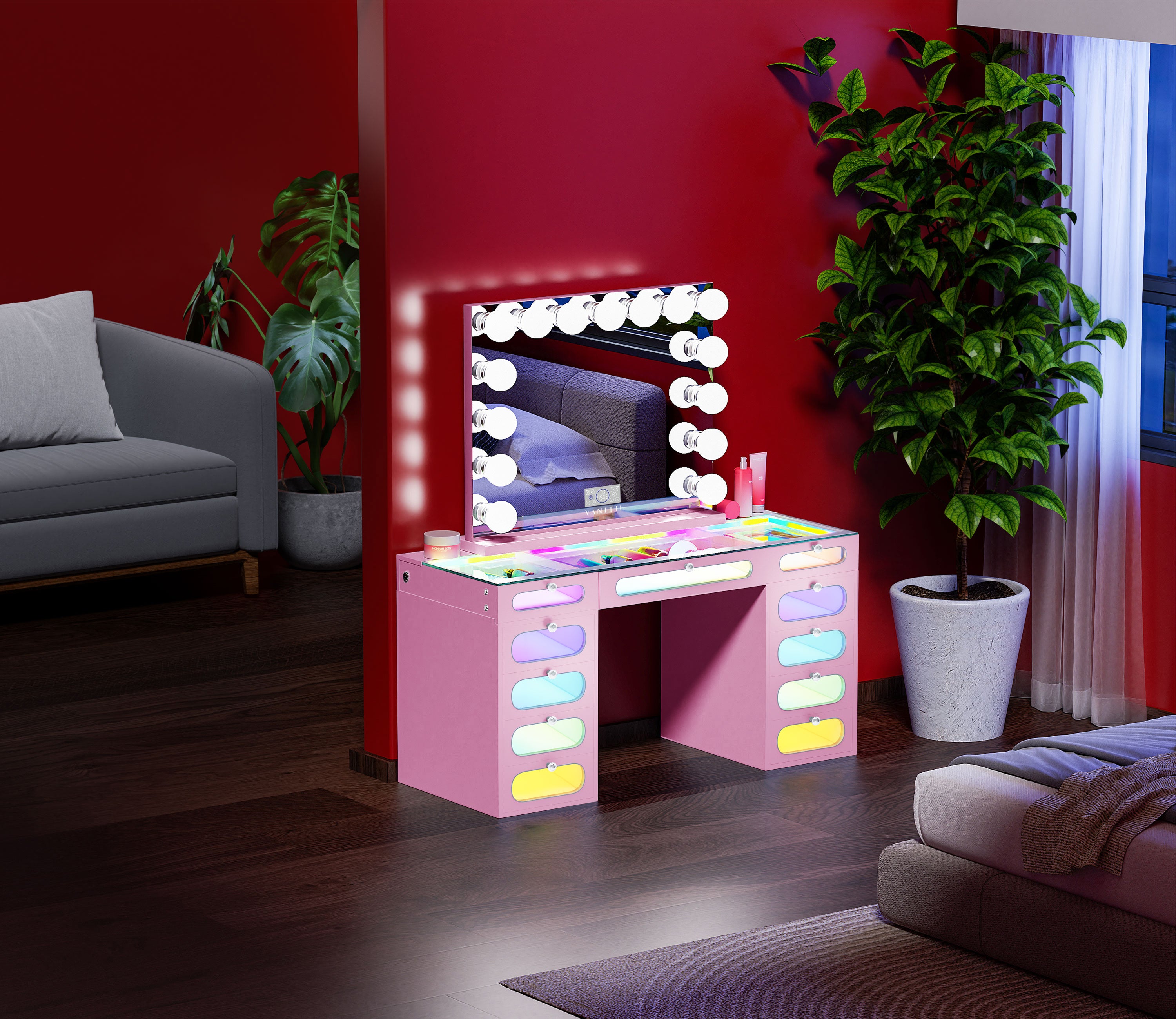 New Release ! VANITII Priscilla Vanity Desk-11 Glass Fronted Drawers Vanity Set