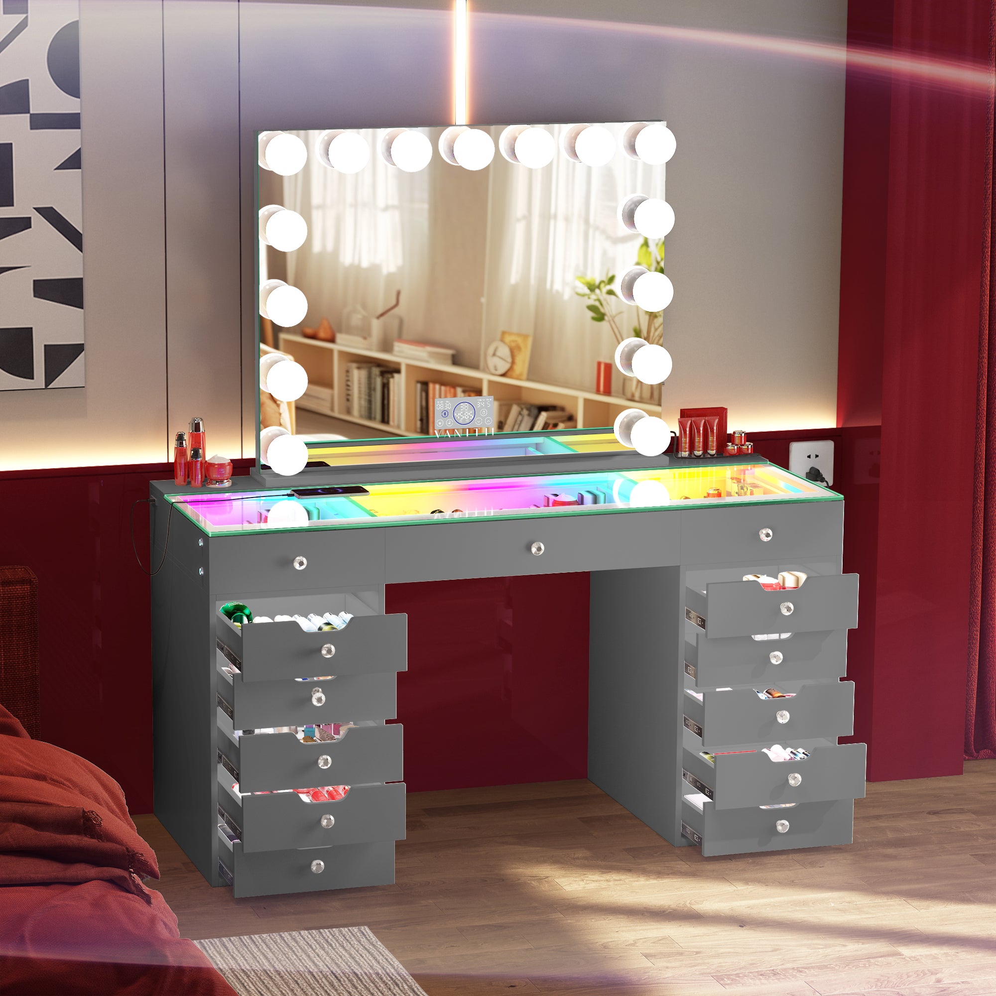 April Promotion l! VANITII Eva-RGB Vanity Desk Set with Lights & 15 Bulbs Light Mirror