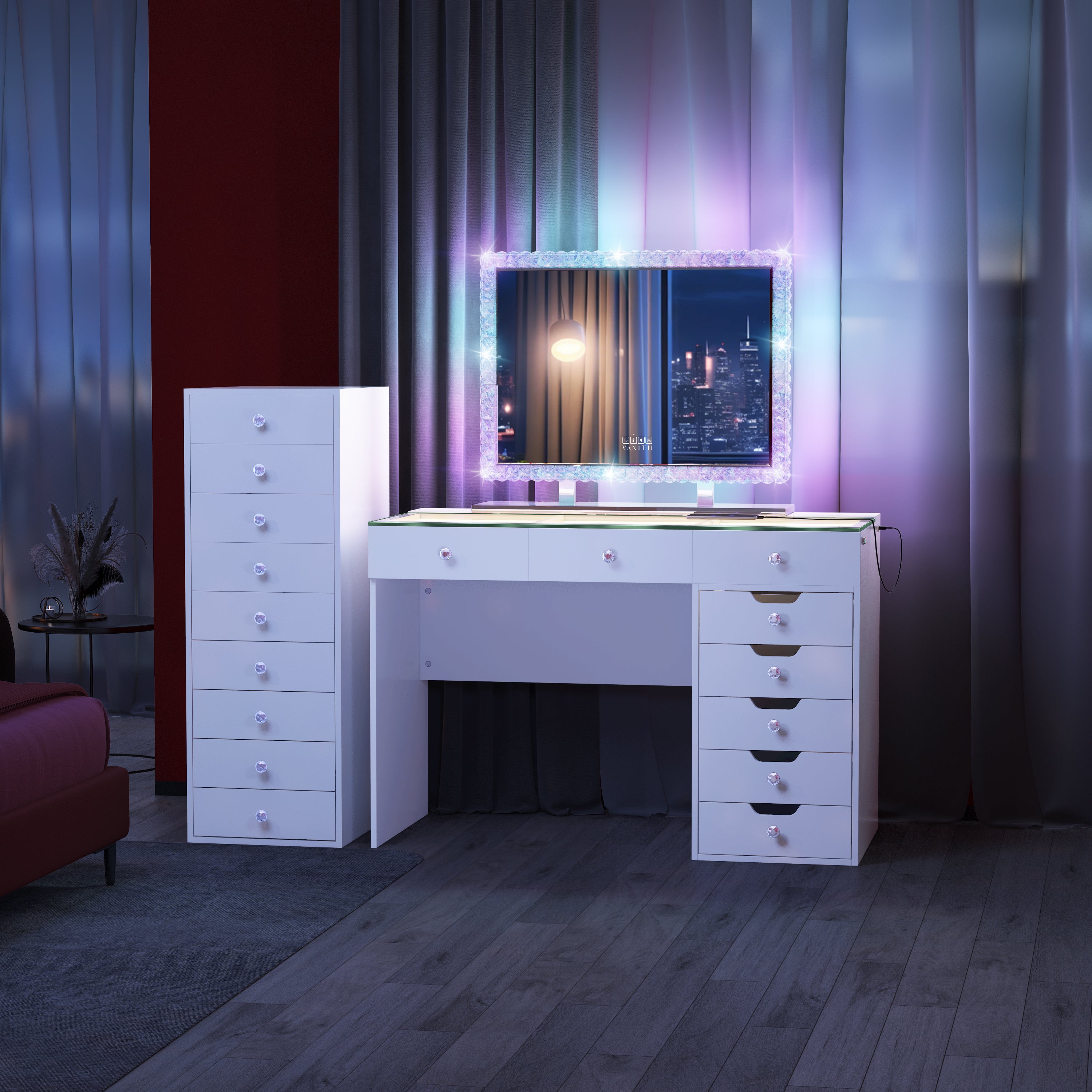 May Promotion ! Diana 8 Vanity Desk with Crystal Diamond Mirror and 9 Drawer Storage Unit(Only Sell In Dallas)