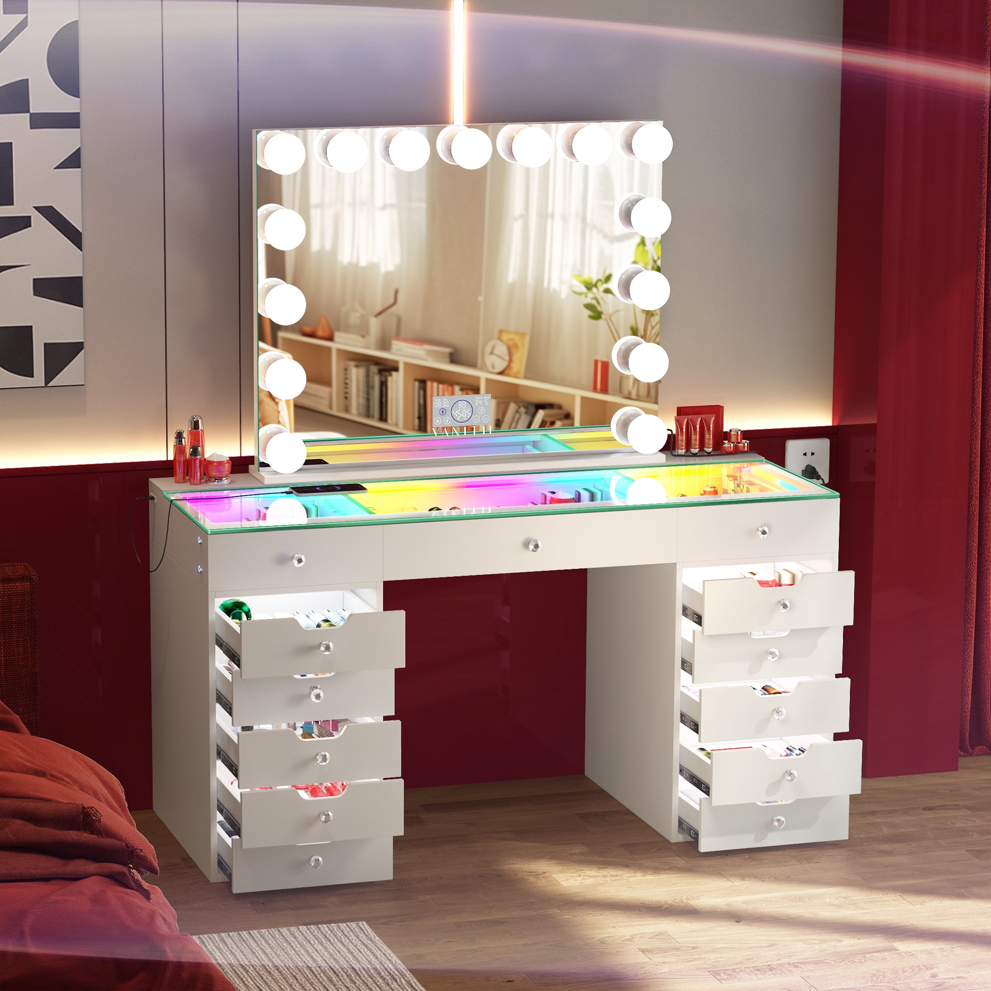 April Promotion l! VANITII Eva-RGB Vanity Desk Set with Lights & 15 Bulbs Light Mirror