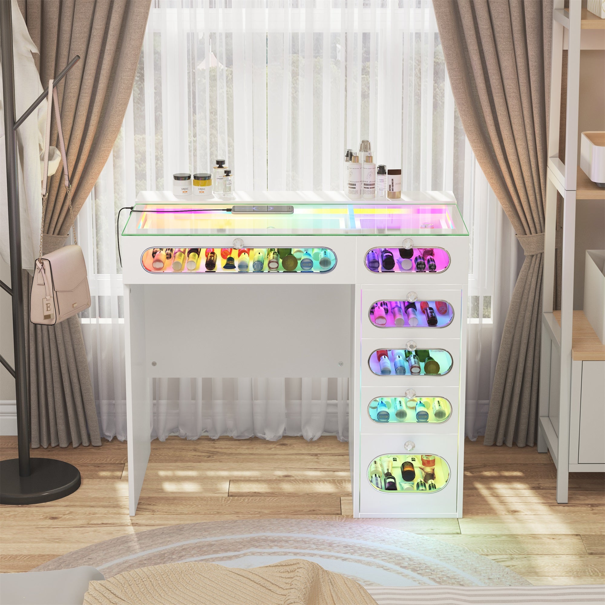 New Release ! VANITII 6 Glass Fronted Drawers Vanity Desk