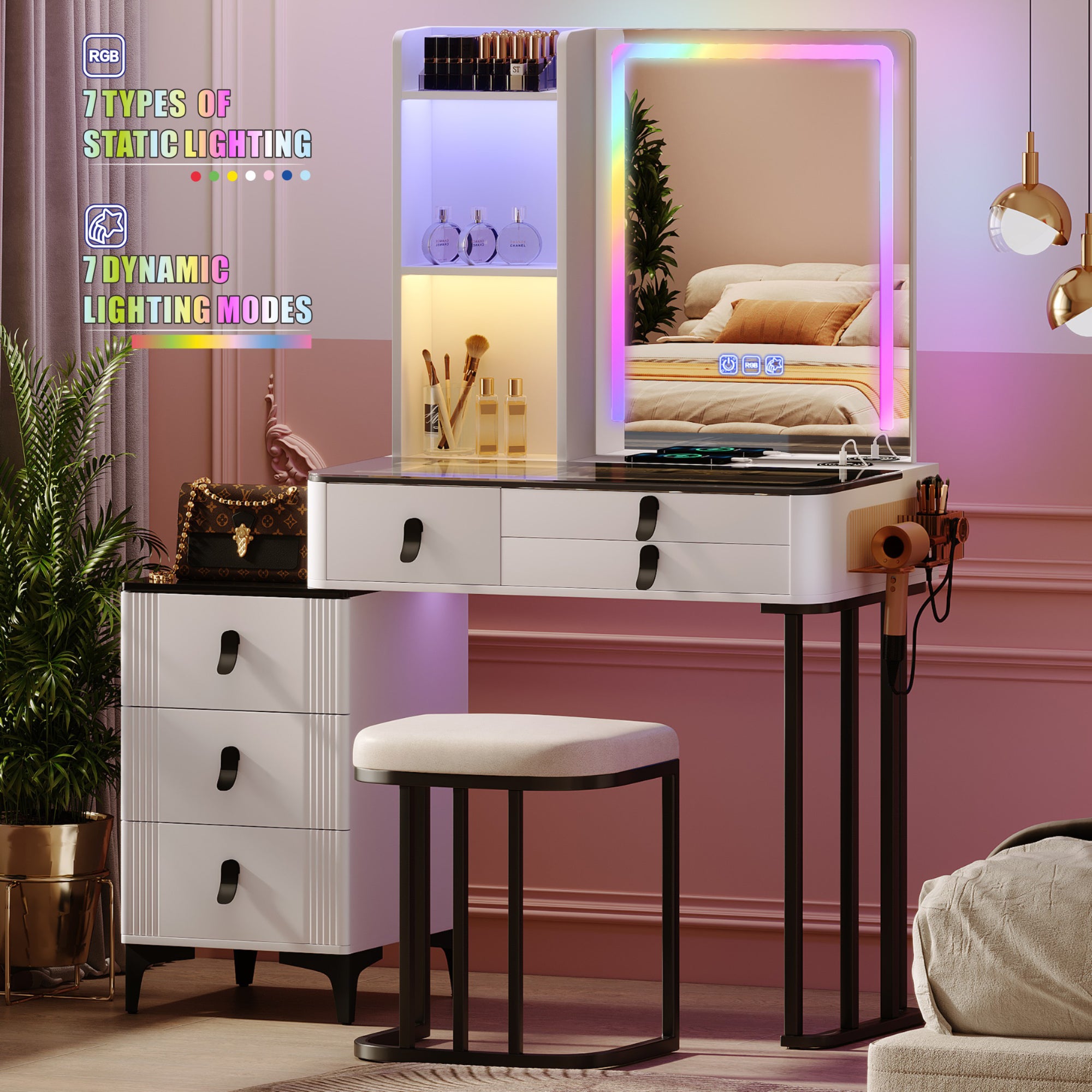 Vanity set with white light+RGB LED light strip mirror