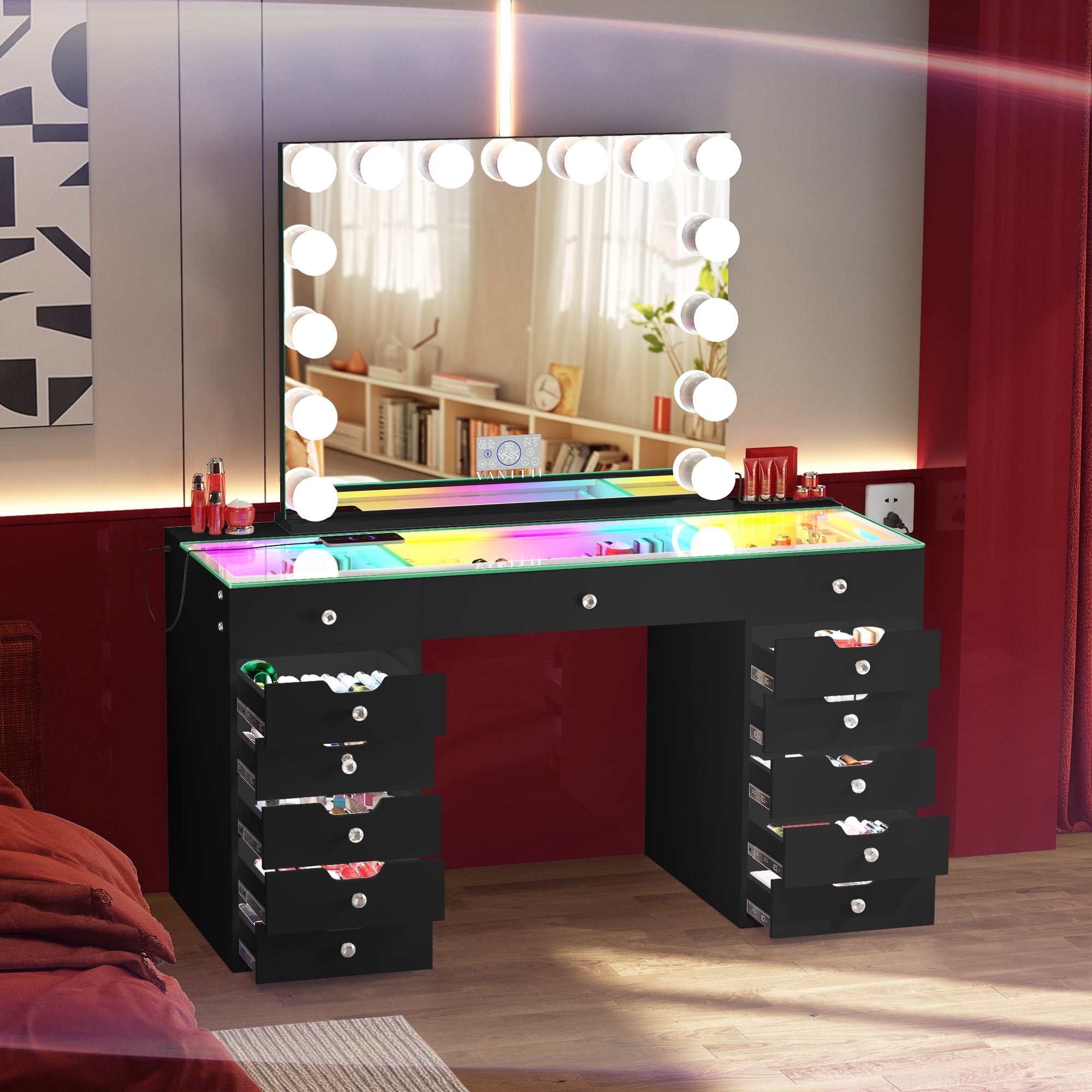 April Promotion l! VANITII Eva-RGB Vanity Desk Set with Lights & 15 Bulbs Light Mirror