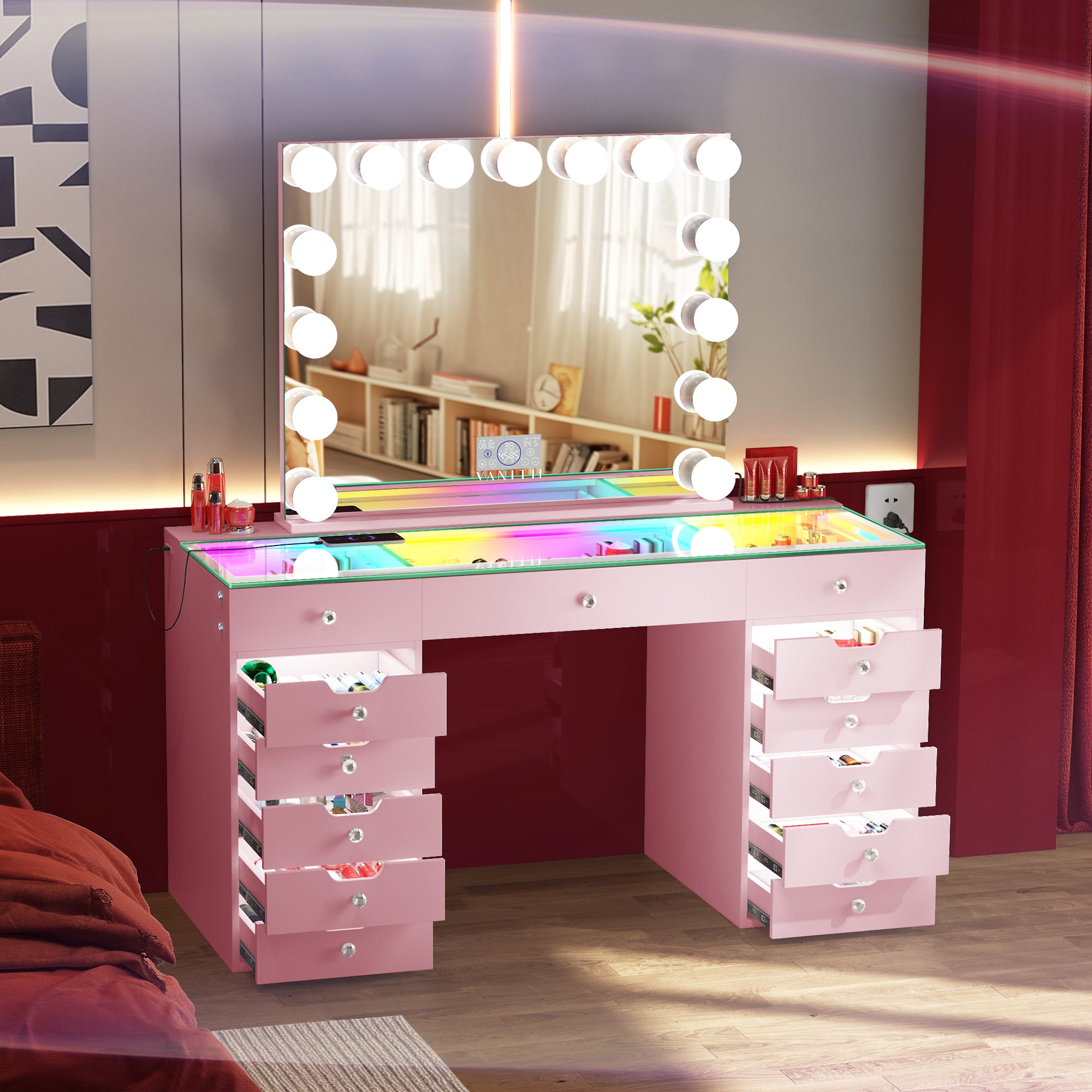 April Promotion l! VANITII Eva-RGB Vanity Desk Set with Lights & 15 Bulbs Light Mirror