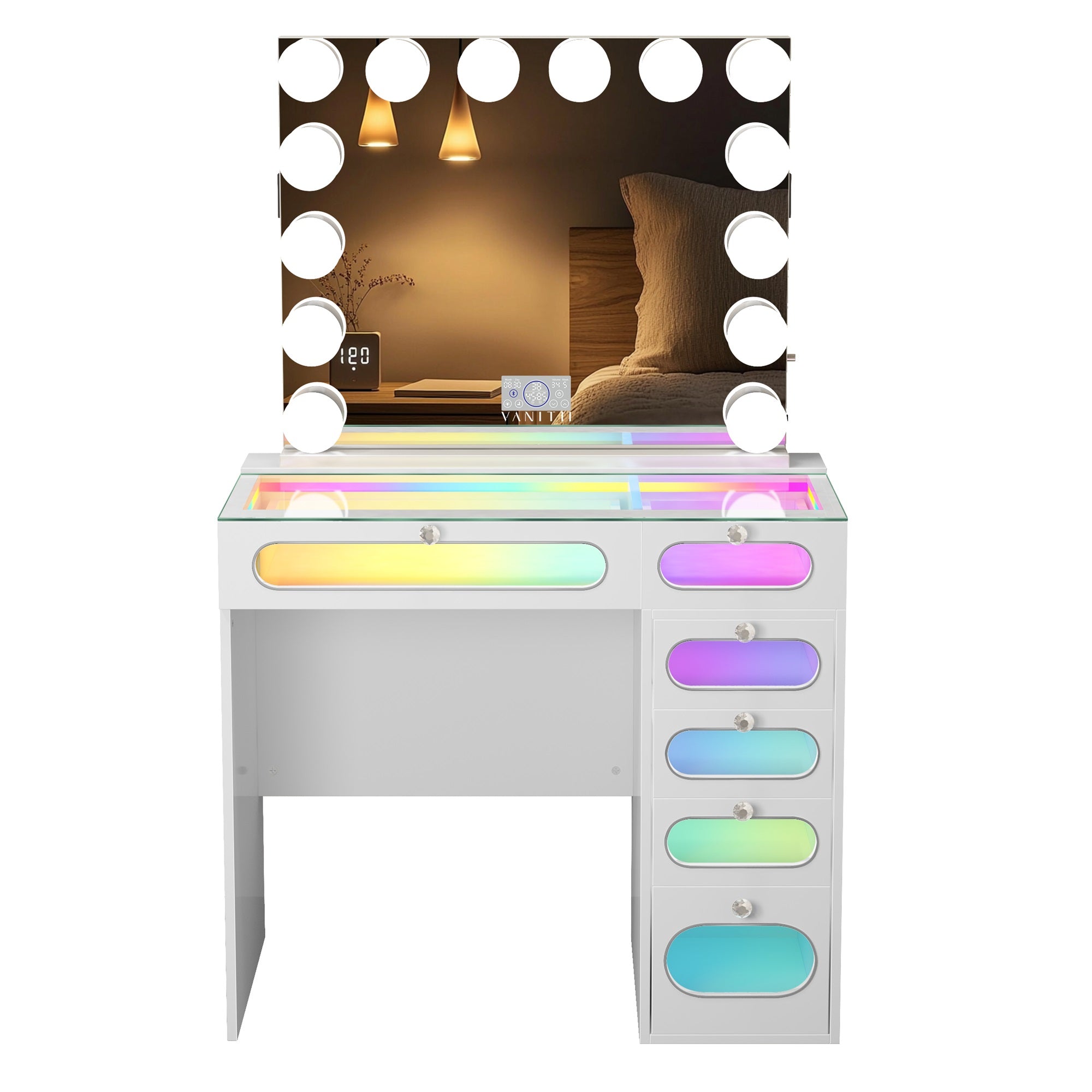 New Release ! VANITII 6 Glass Fronted Drawers Vanity Desk with Marilyn Vanity Mirror