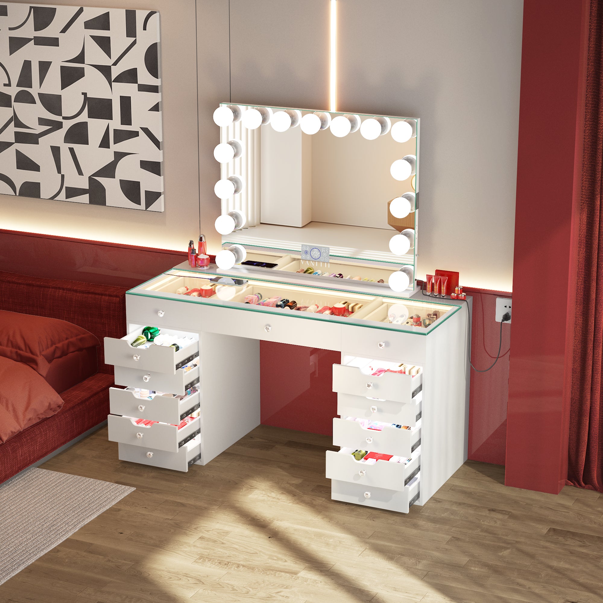 VANITII Eva Vanity Desk - 13 Storage Drawers with Full Light