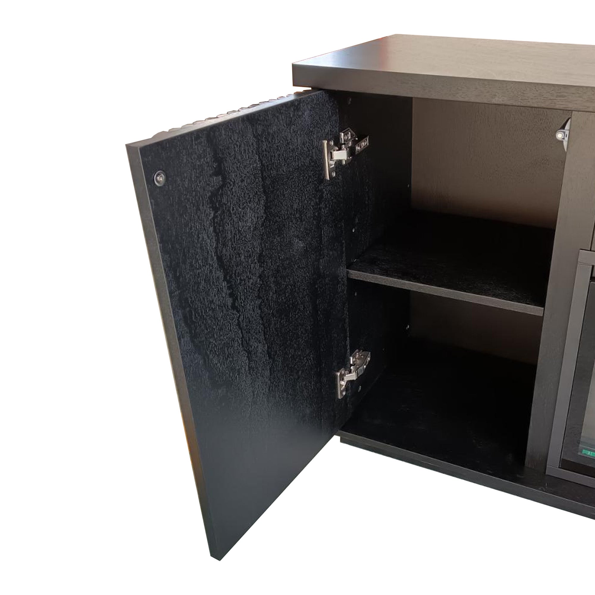 Fully Assembled 70" Black Okoume Veneer Fireplace TV Stand