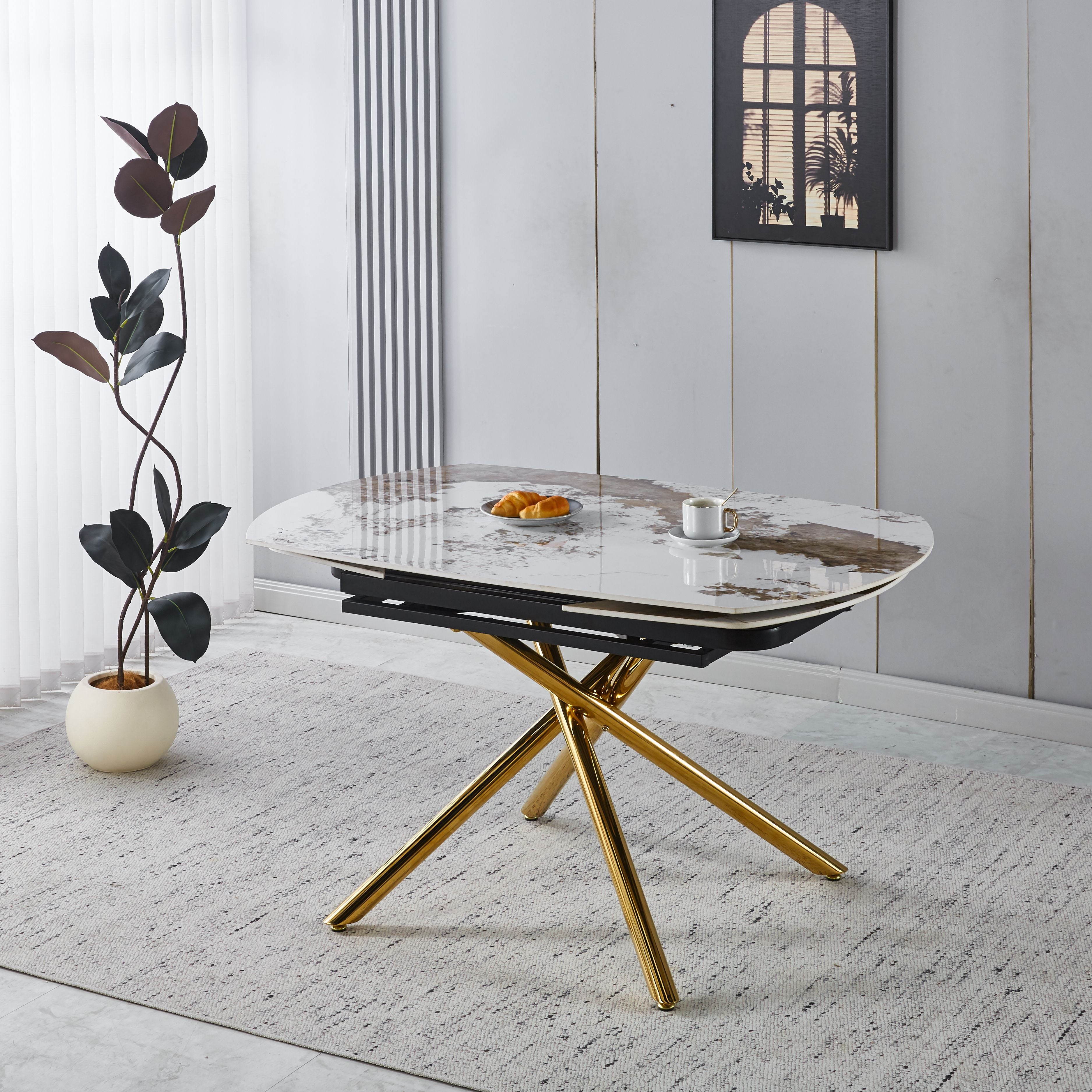 Modern Minimalist White Ceramic Tabletop Dining Set with Beige Velvet Fabric Chairs with Gold Legs (1 Table + 4/6 Chairs)