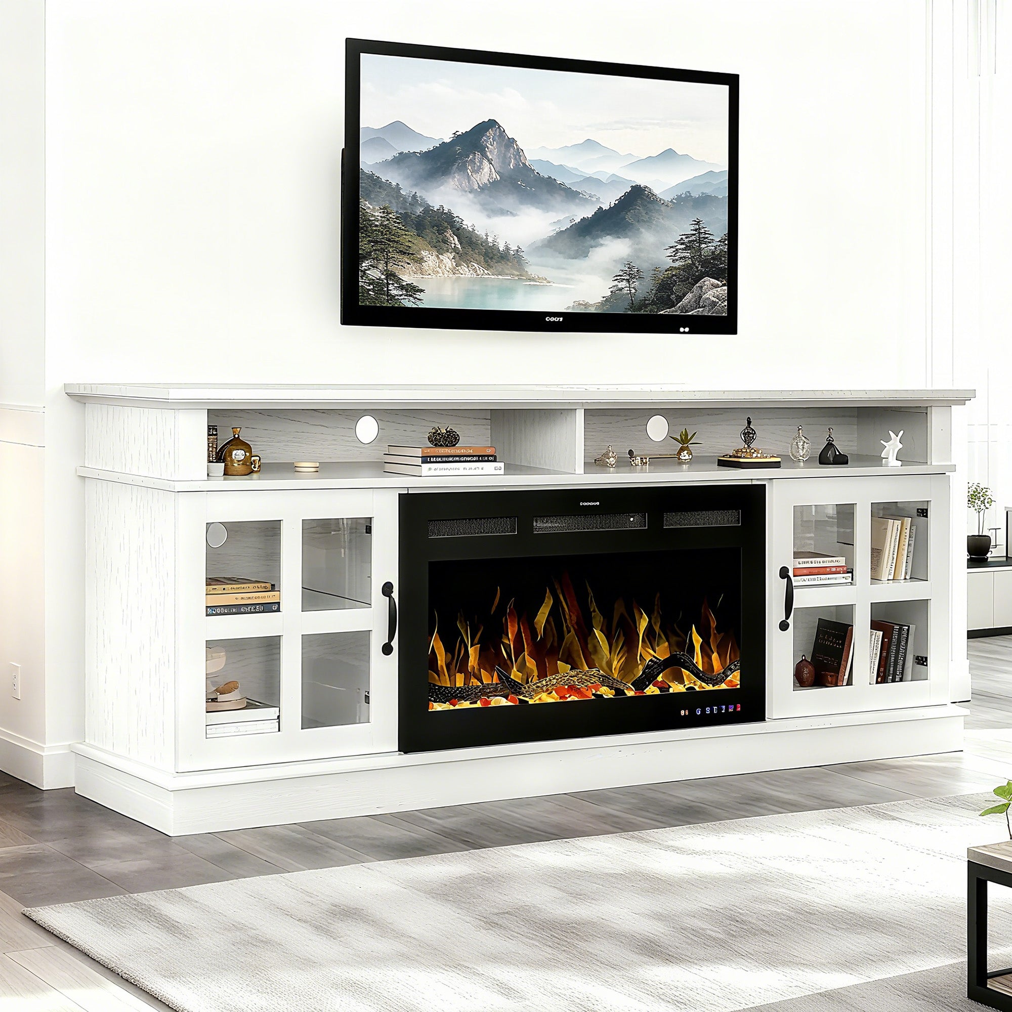 72” White Ash Wood Veneer Fireplace TV Stand
