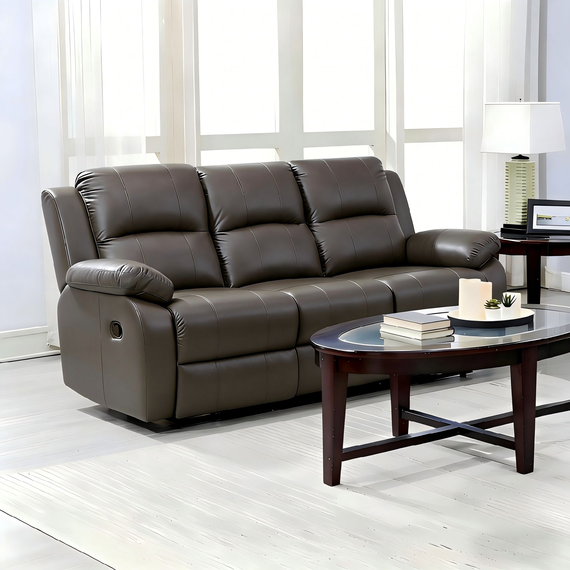 Lume Power Recliner 3-Seater Sofa in Ivory Faux Leather with Hidden Cupholders