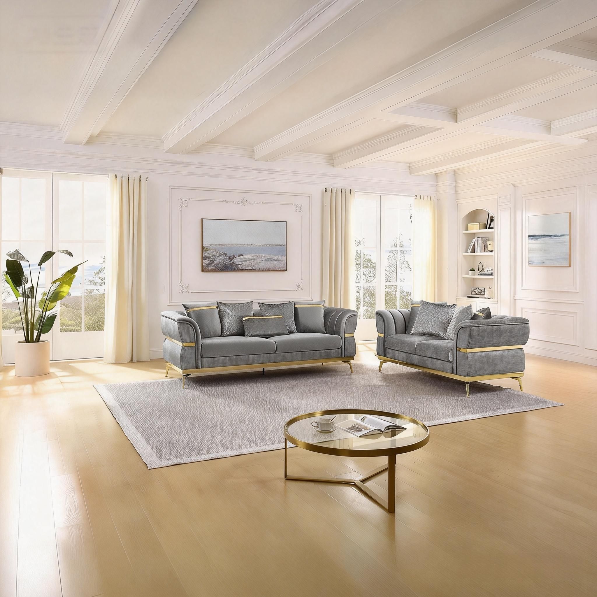 Velvet Chestfield Sofa Set In Gray