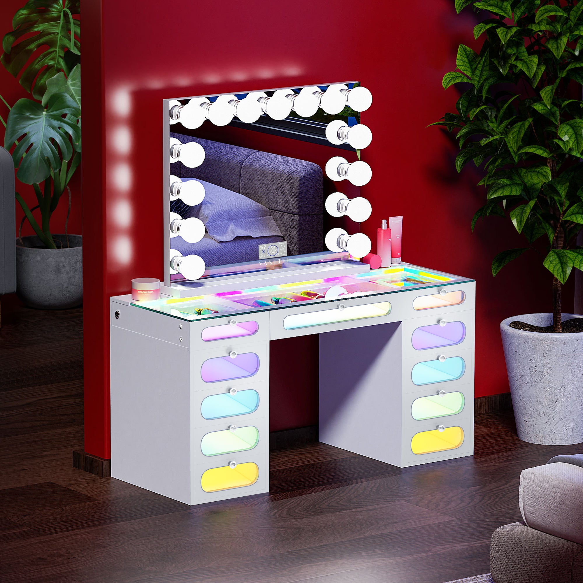 New Release ! VANITII Priscilla Vanity Desk-11 Glass Fronted Drawers with Crystal Handles