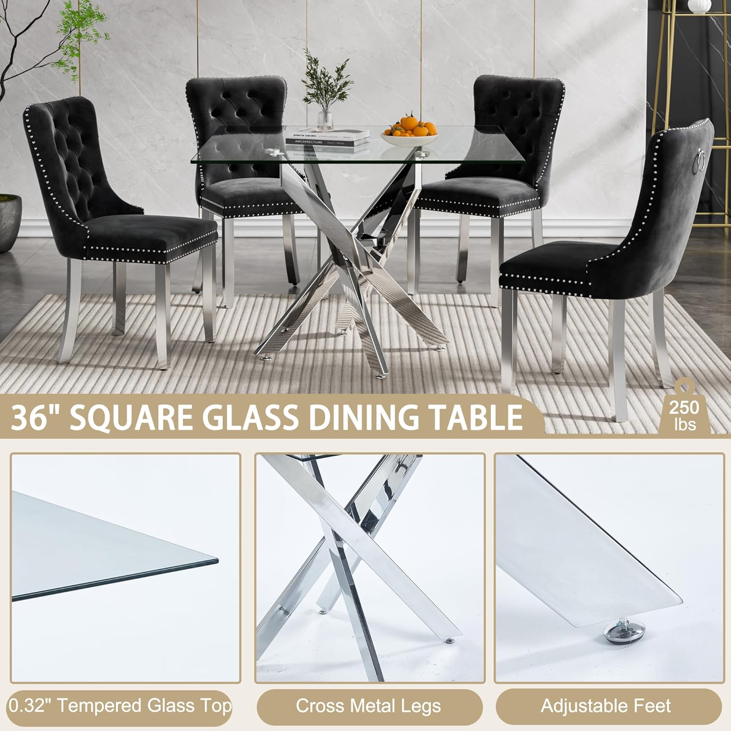 Modern Square Glass Dining Table - Chrome Cross Legs