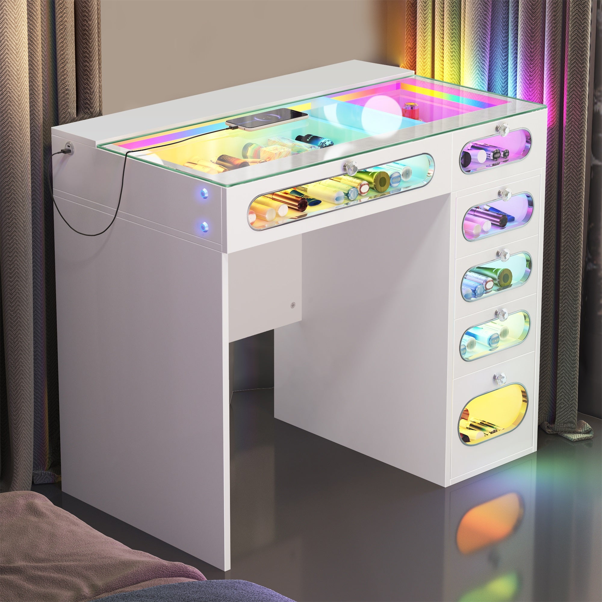 New Release ! VANITII 6 Glass Fronted Drawers Vanity Desk