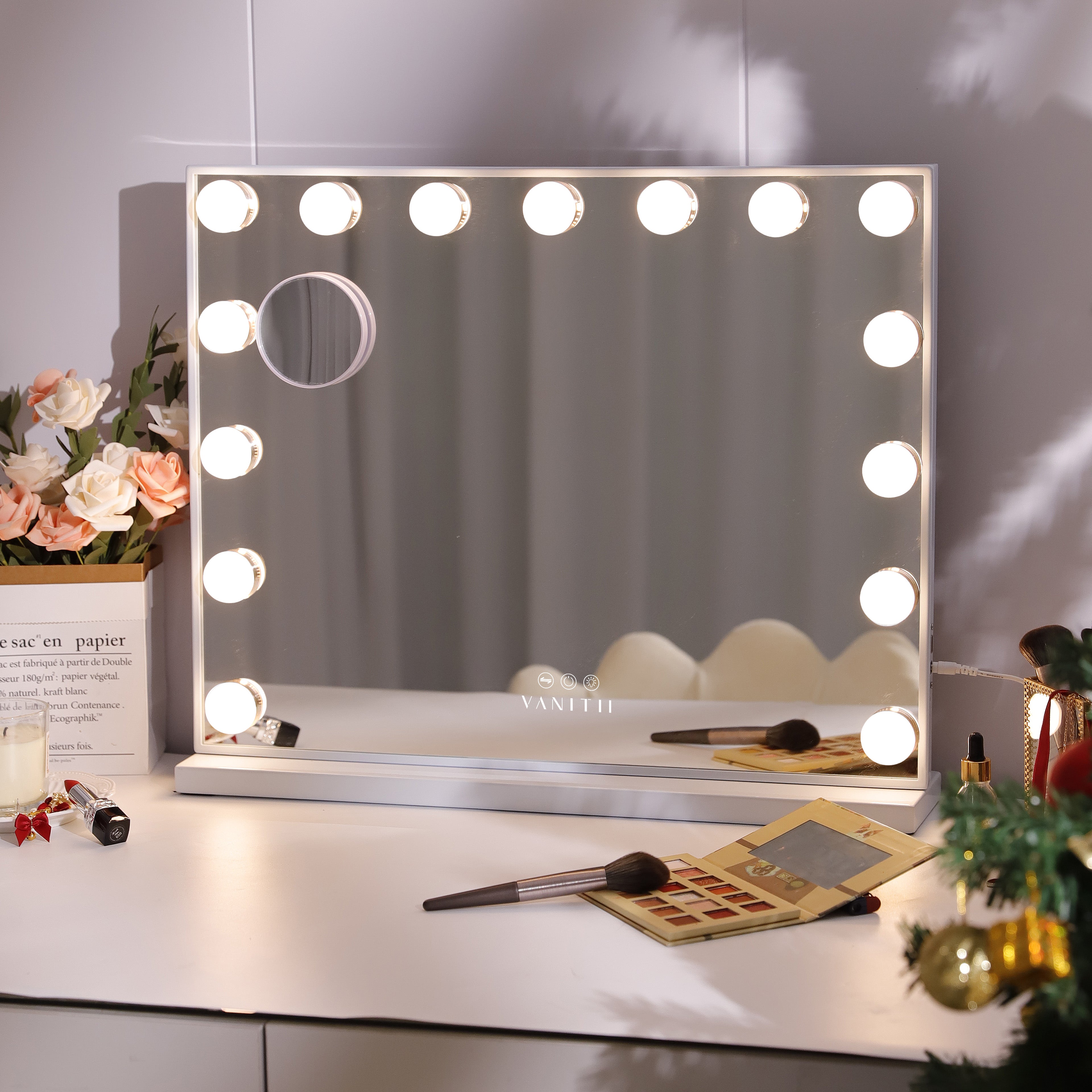 VANITII Mary Hollywood vanity mirror with 15 LED bulbs and white design on makeup table.