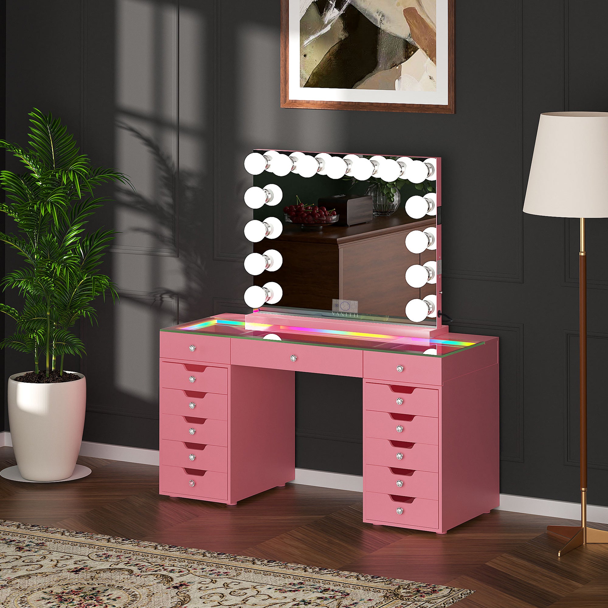 VANITII Eva-RGB Vanity Desk Set with 13 Storage Drawers and 15 Bulbs Light Mirror