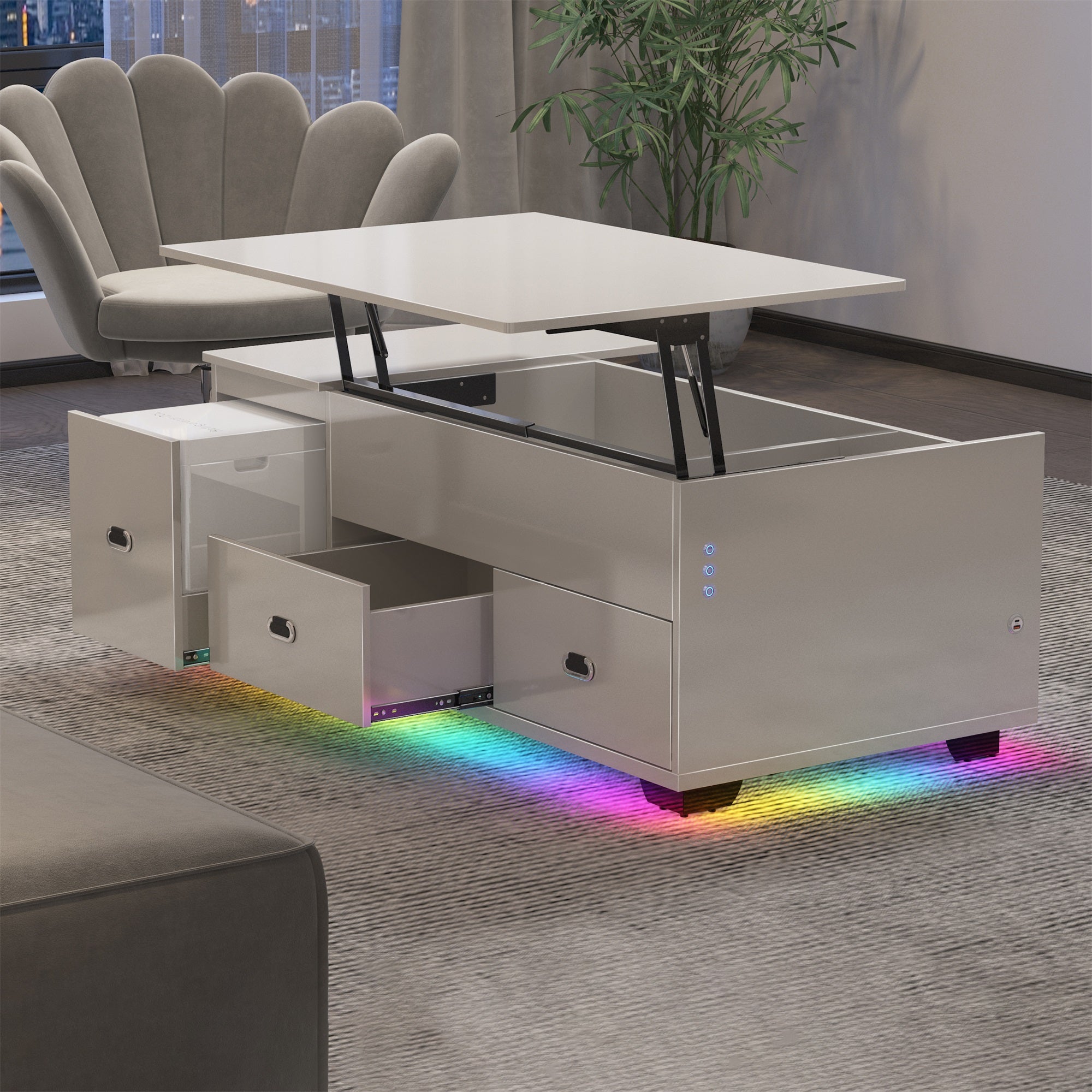 VANITII Lift Table With Spacious Storage Space and Mini Fridge