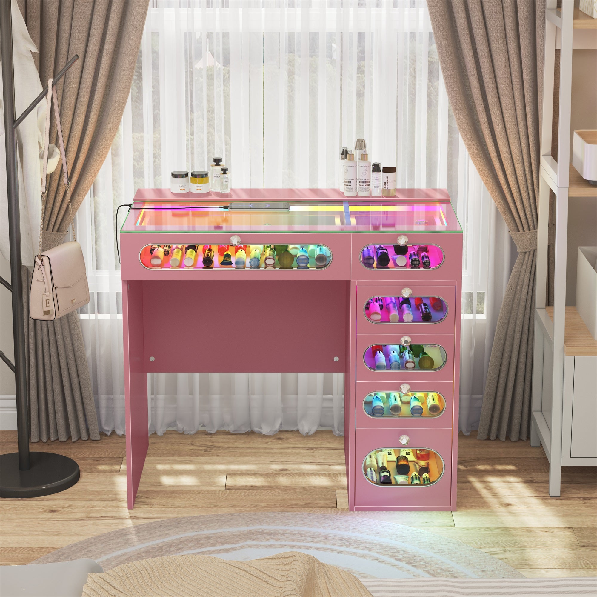 New Release ! VANITII 6 Glass Fronted Drawers Vanity Desk