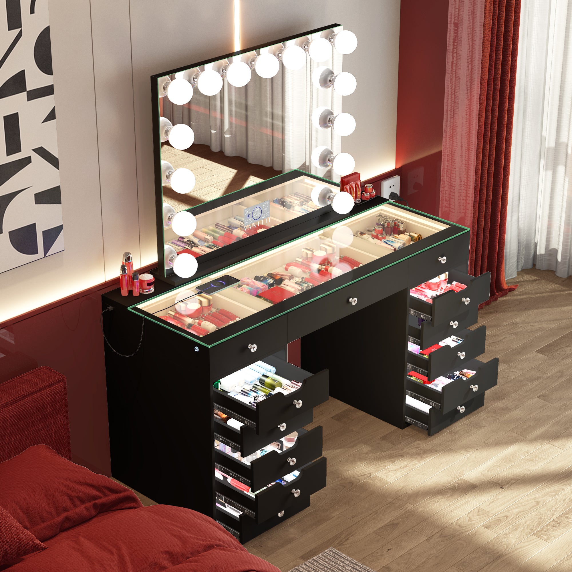 Promotion ! VANITII Eva Vanity Desk with Lights and 15 bulbs Vanity Mirror