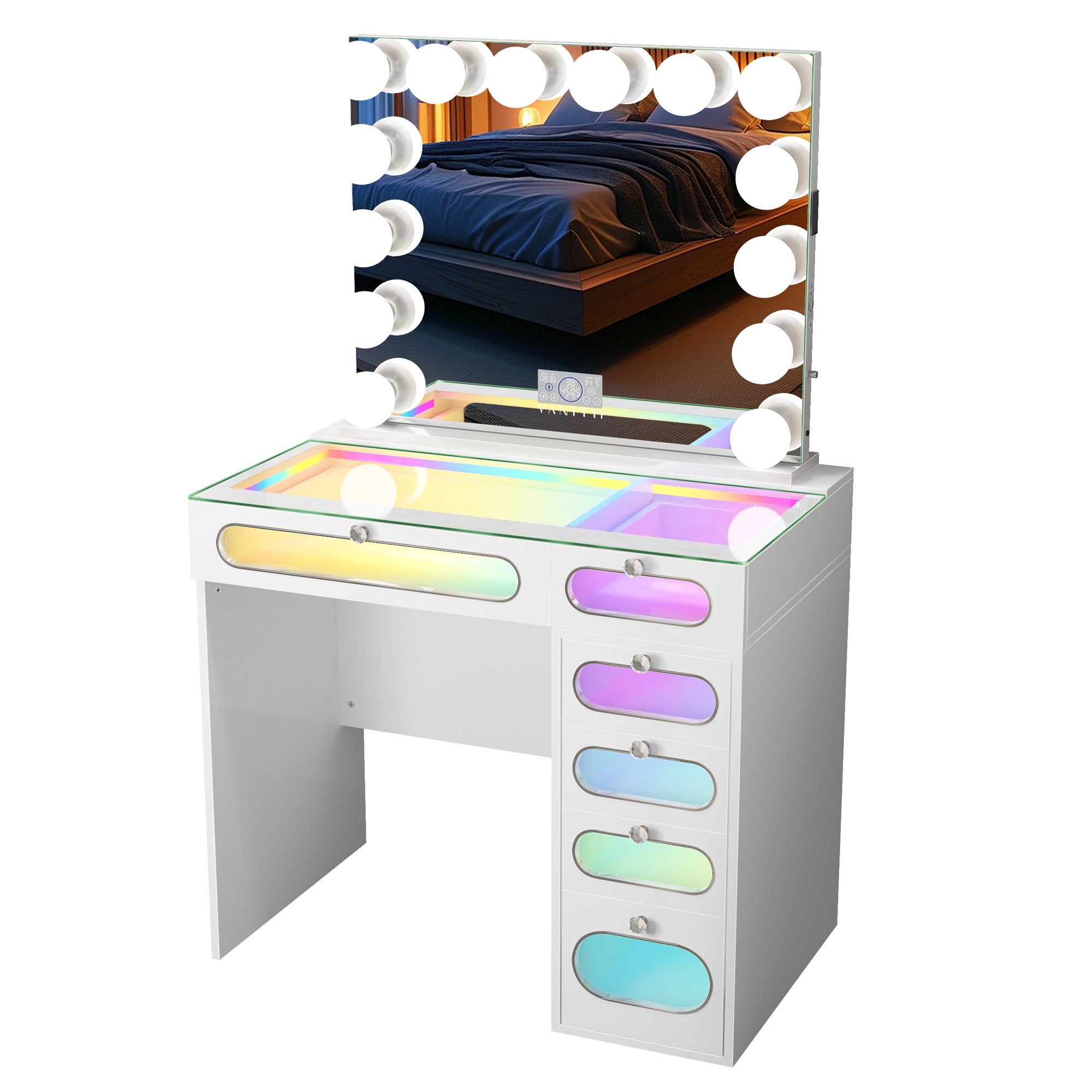 New Release ! VANITII 6 Glass Fronted Drawers Vanity Desk with Marilyn Vanity Mirror