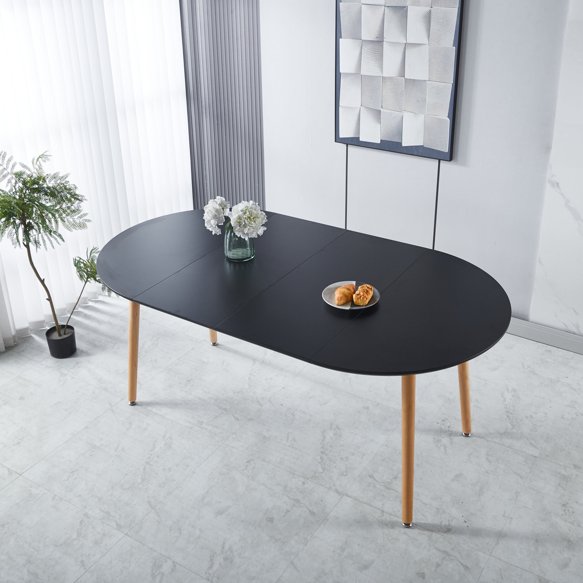 Black 71" Oval Extendable Dining Table: MDF Top, 40"-55"-71" Fold, Seats 6-8