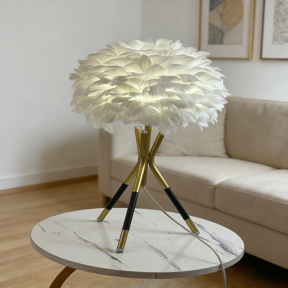 Nordic Feather Table Lamp, 3-Color Dimmable, Remote Control, Iron Base Bedside Light