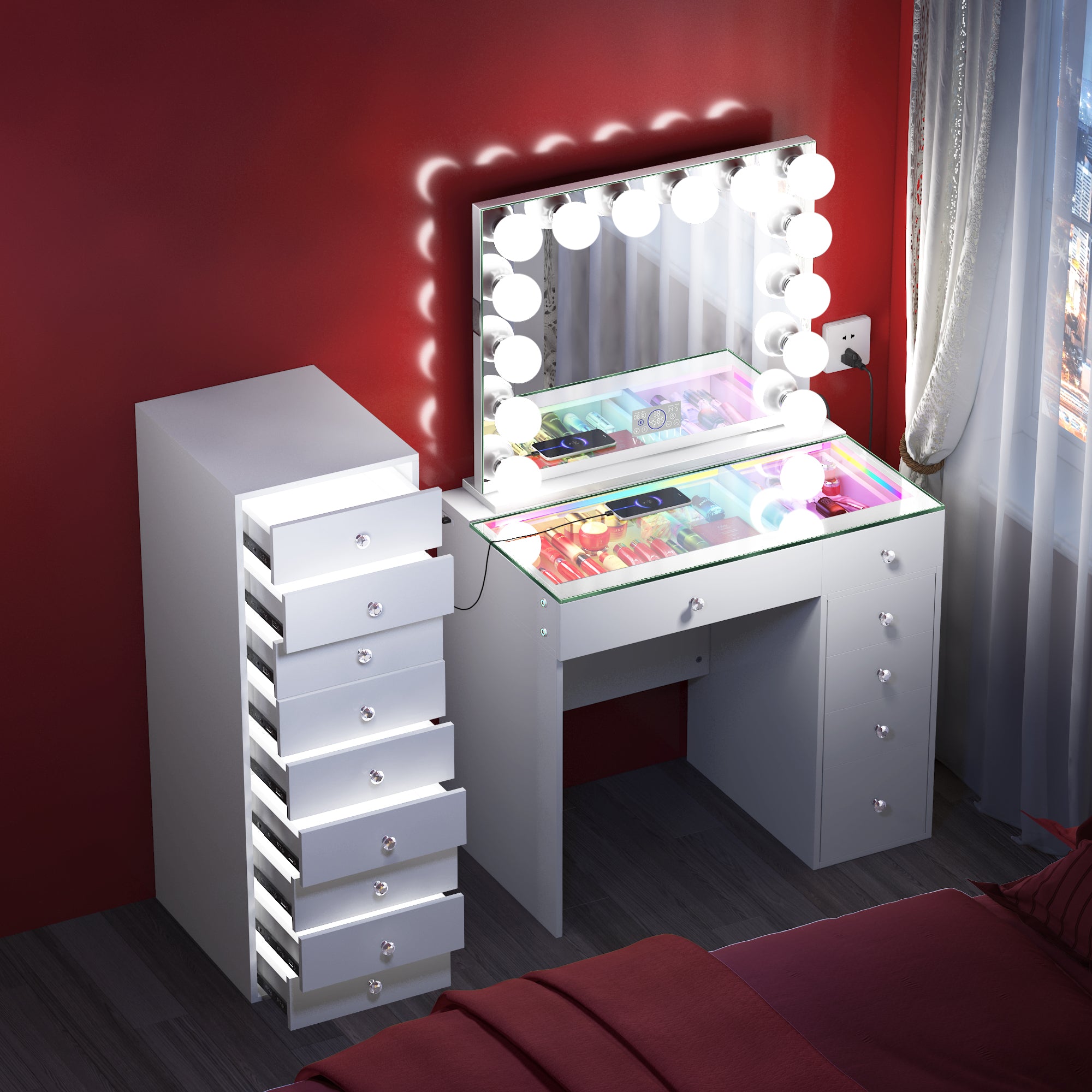 Promotion ! VANITII Mini Diana Vanity Desk with Marilyn Hollywood Vanity Mirror and 9 Drawer Unit (Only sell in California)