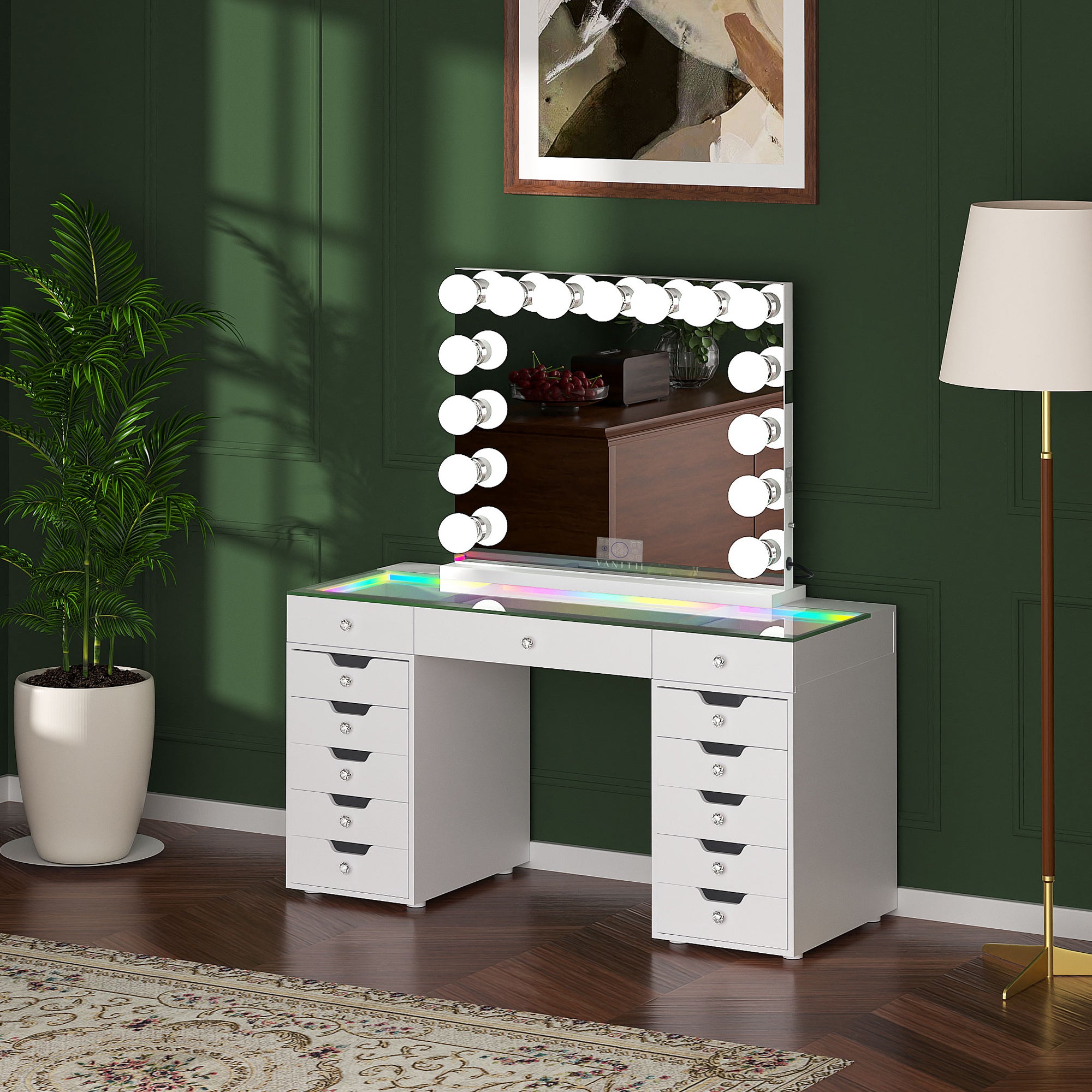 VANITII Eva-RGB Vanity Desk Set with 13 Storage Drawers and 15 Bulbs Light Mirror