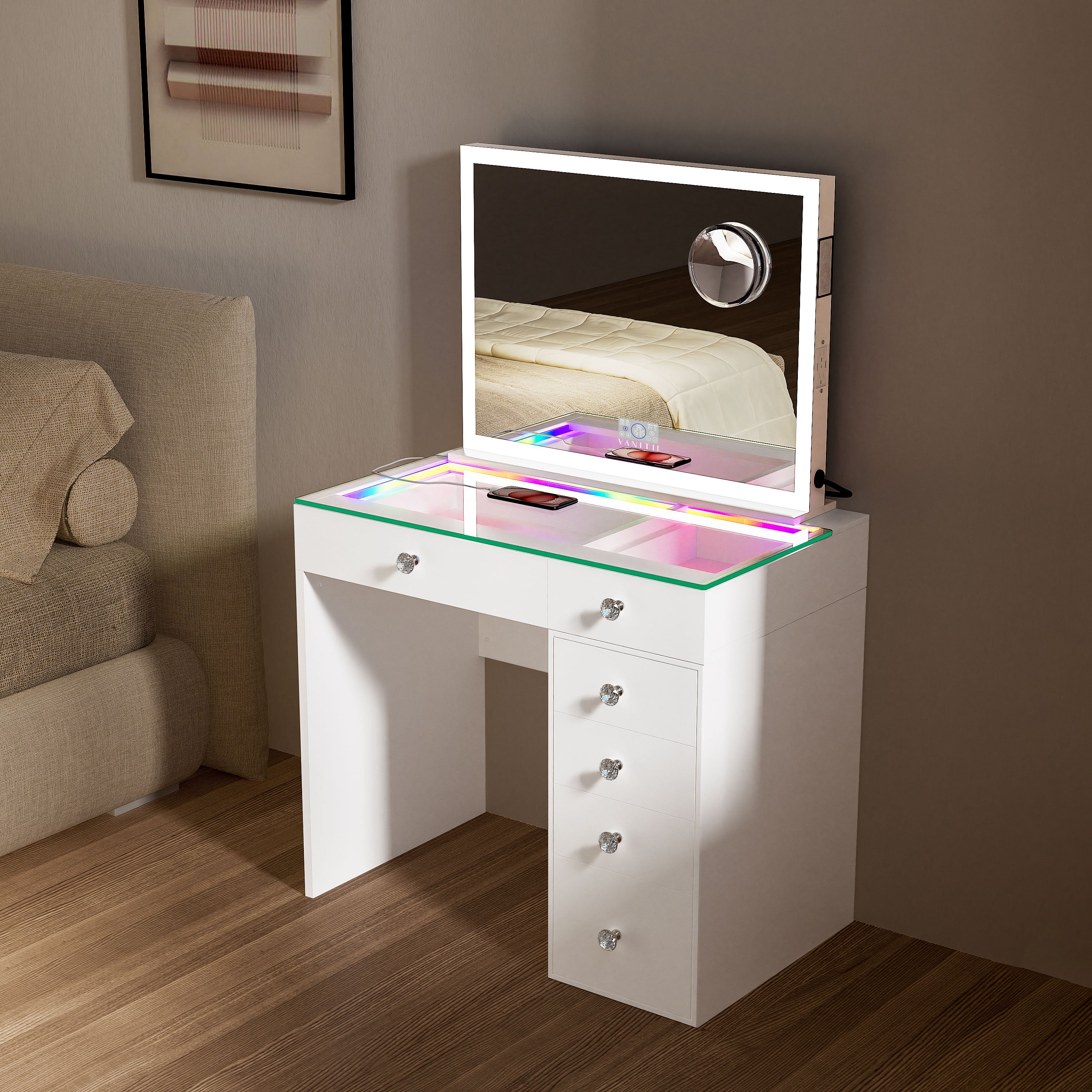 VANITII Diana RGB Vanity Desk with 6 Storage Drawers and Led Light Hollywood Mirror (Only sell in California)