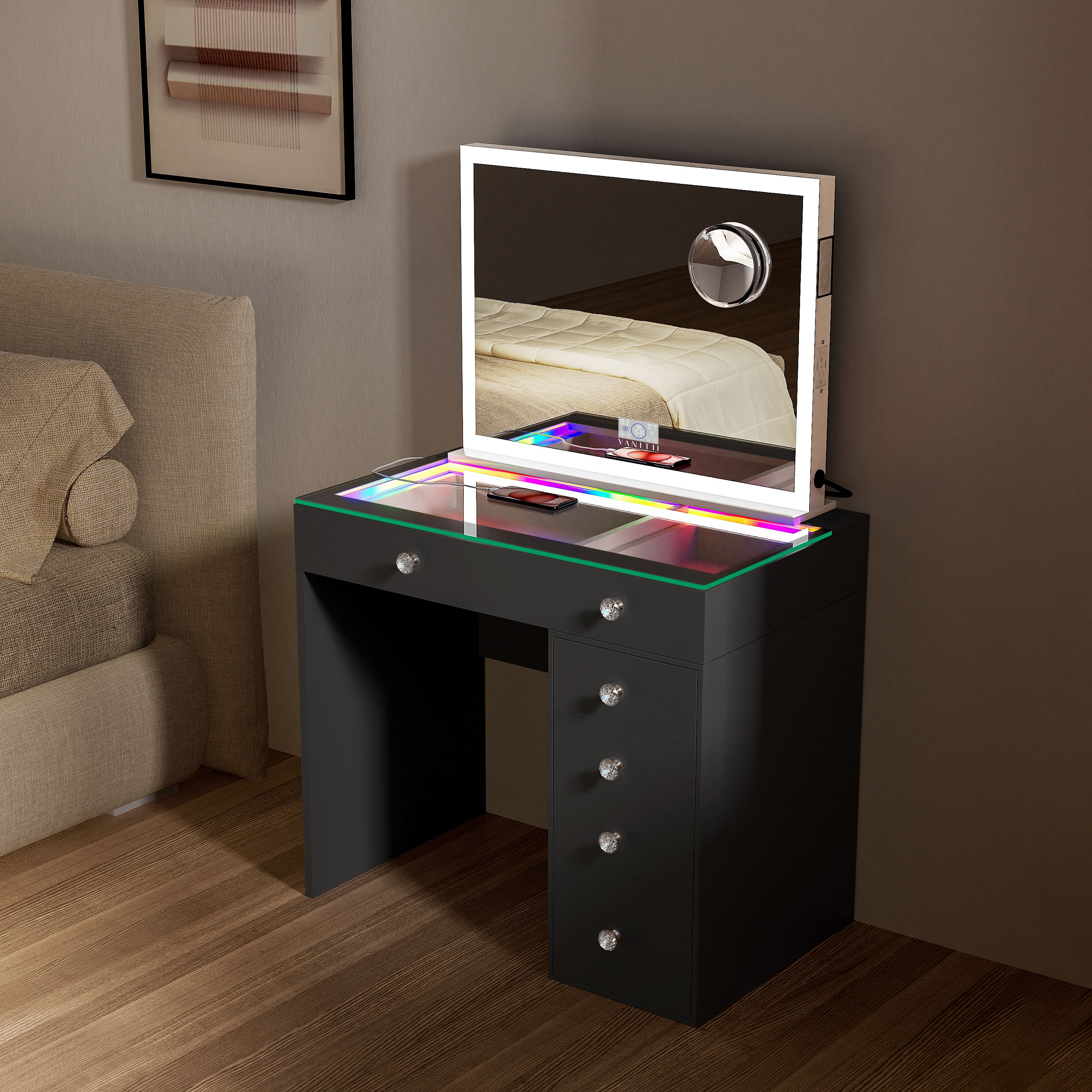 VANITII Diana RGB Vanity Desk with 6 Storage Drawers and Led Light Hollywood Mirror (Only sell in California)